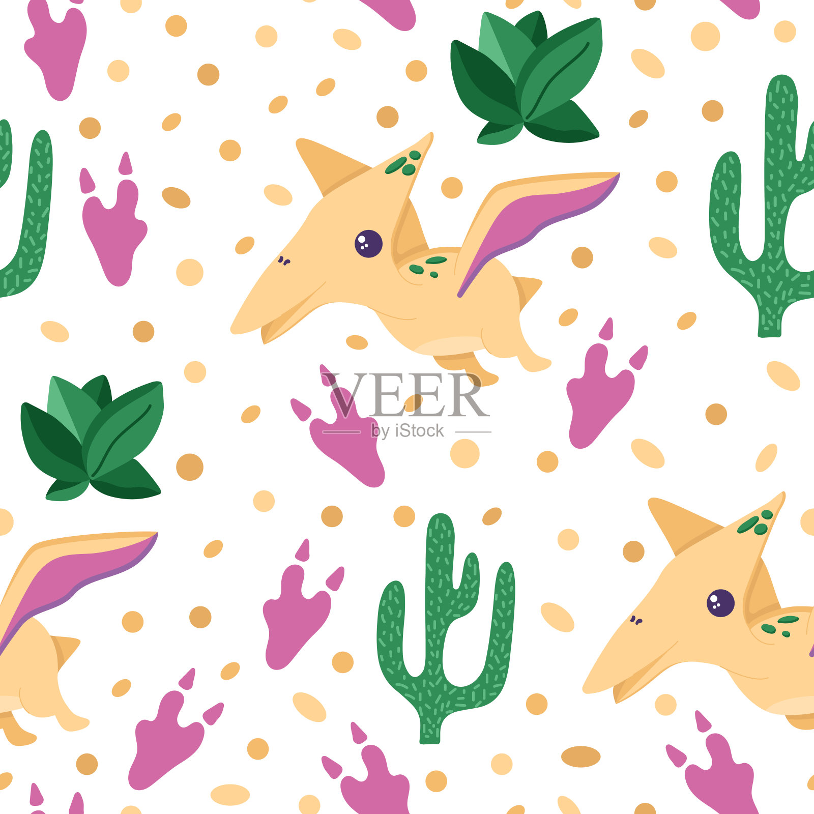 无缝图案可爱的恐龙与仙人掌和多肉装饰苗圃,横幅或纺织品。扁平化风格,孤立于白色之上。插画图片素材