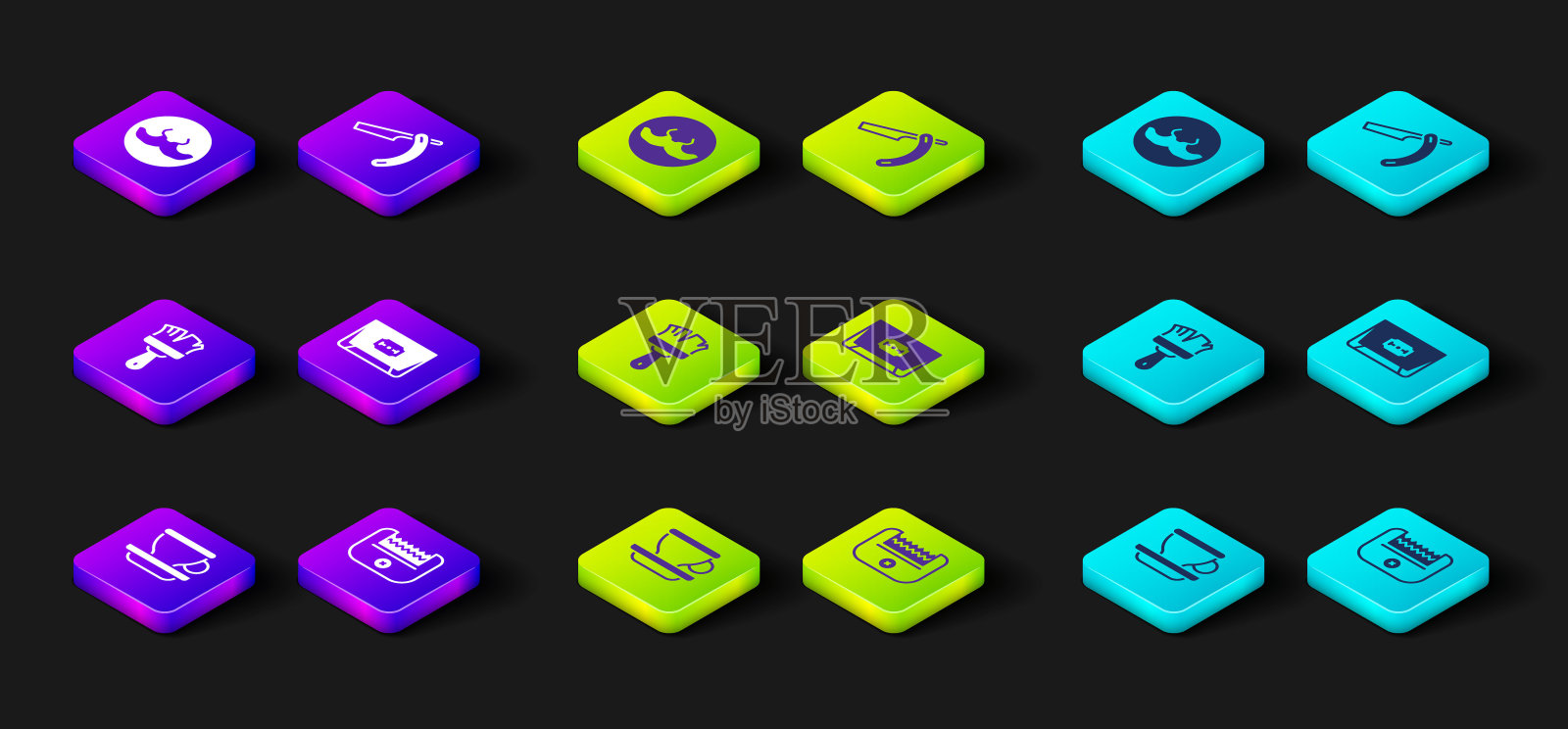 设置咖啡杯,电理发器,剃须刷,刀片剃须刀,直和胡子图标。向量图标素材