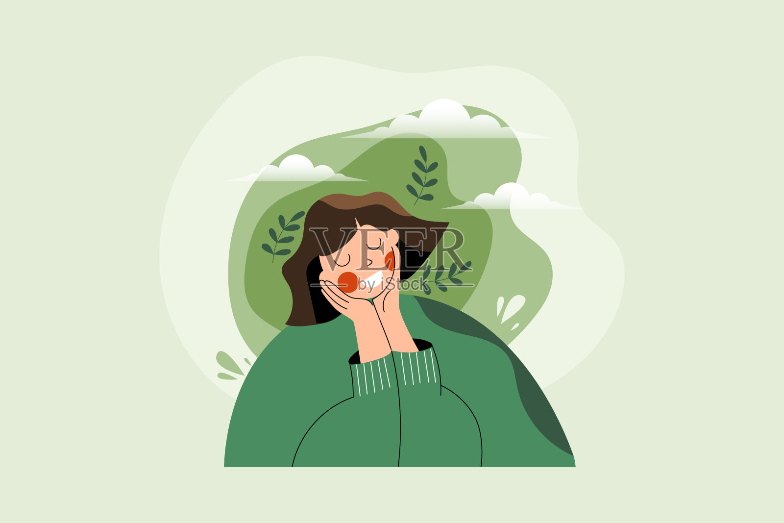 以年轻快乐的生态友好女性思考绿色生态理念。地球日和自然之爱的女性性格。环境保护。创意幻想思维平面卡通矢量插图插画图片素材