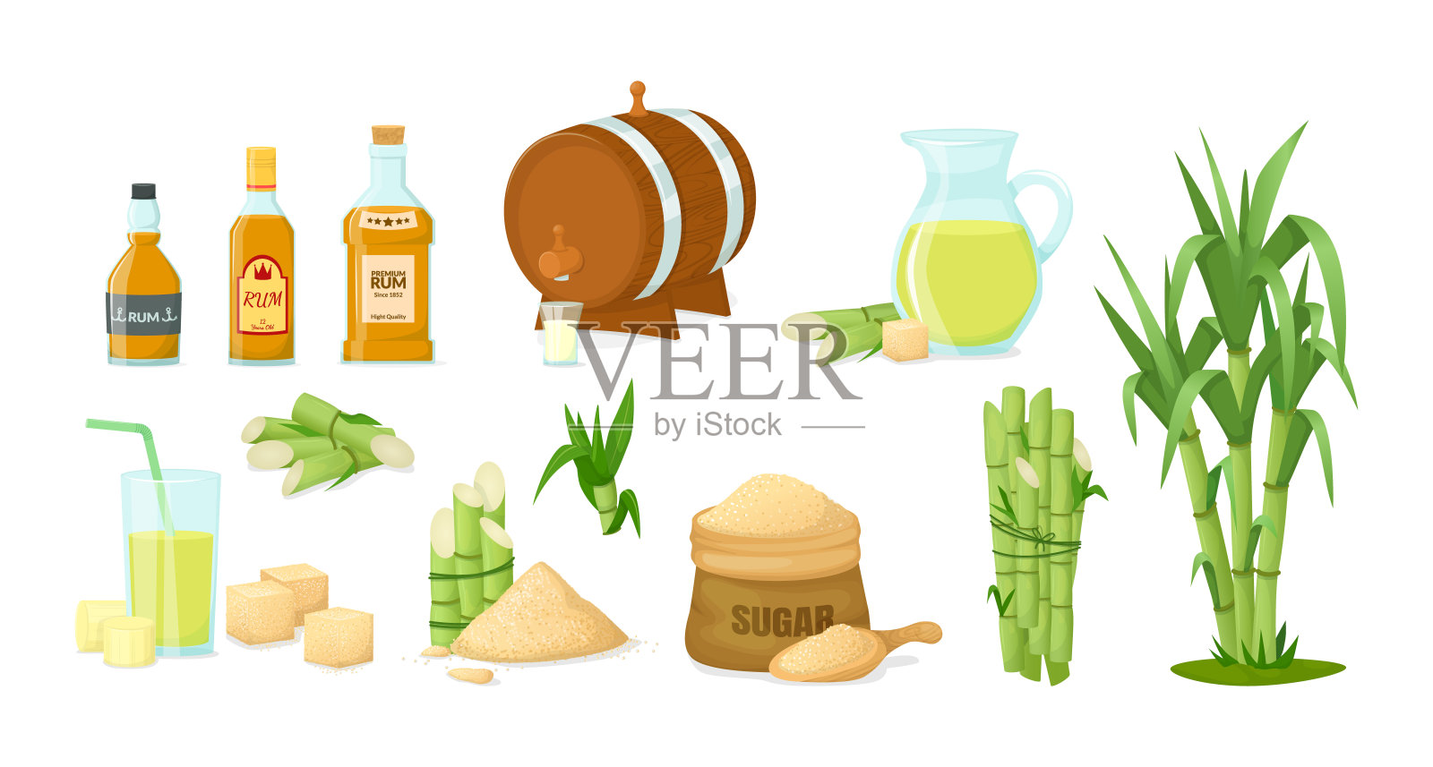 甘蔗糖与茎叶植物矢量卡通插图插画图片素材