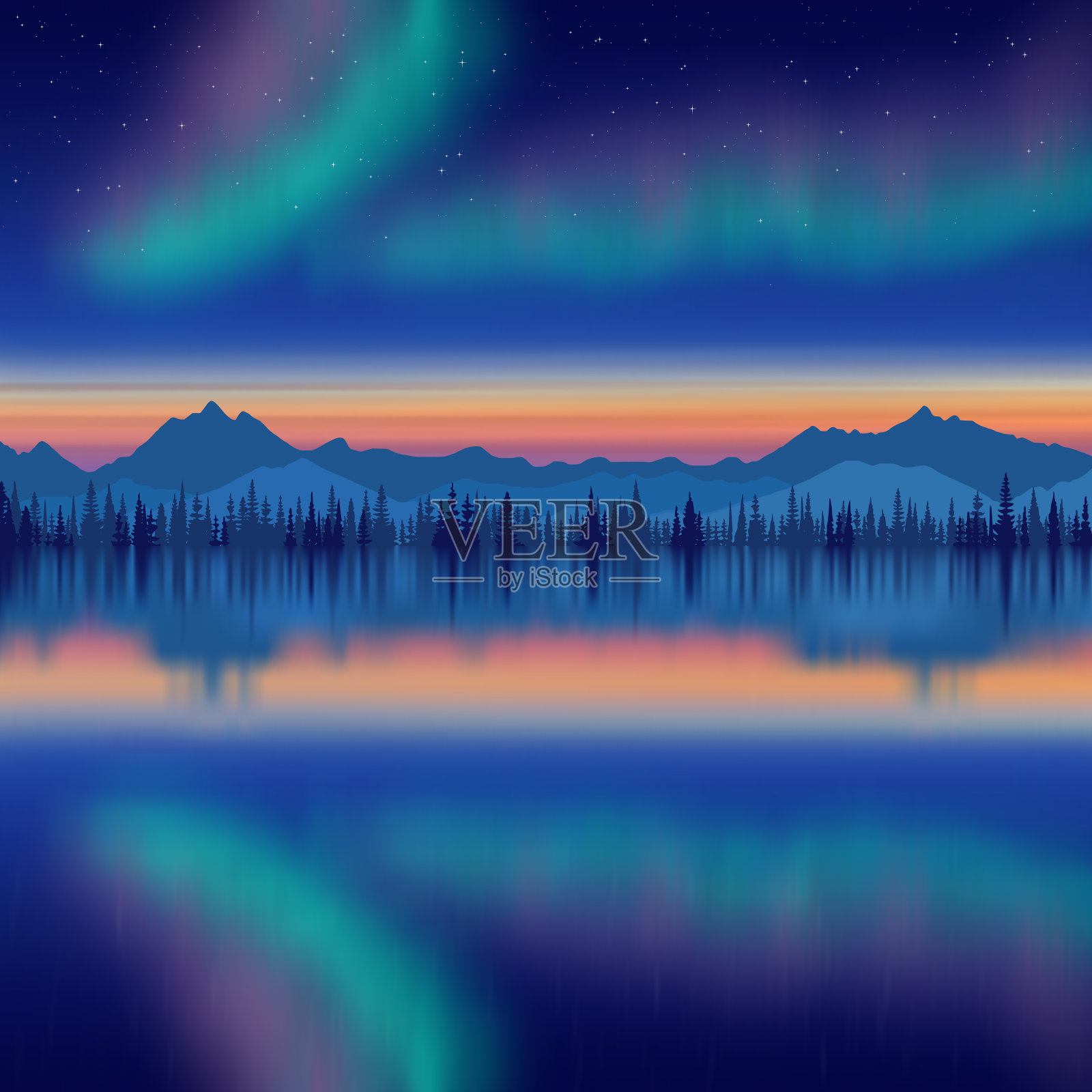 喜庆的年画,北极光映照插画图片素材