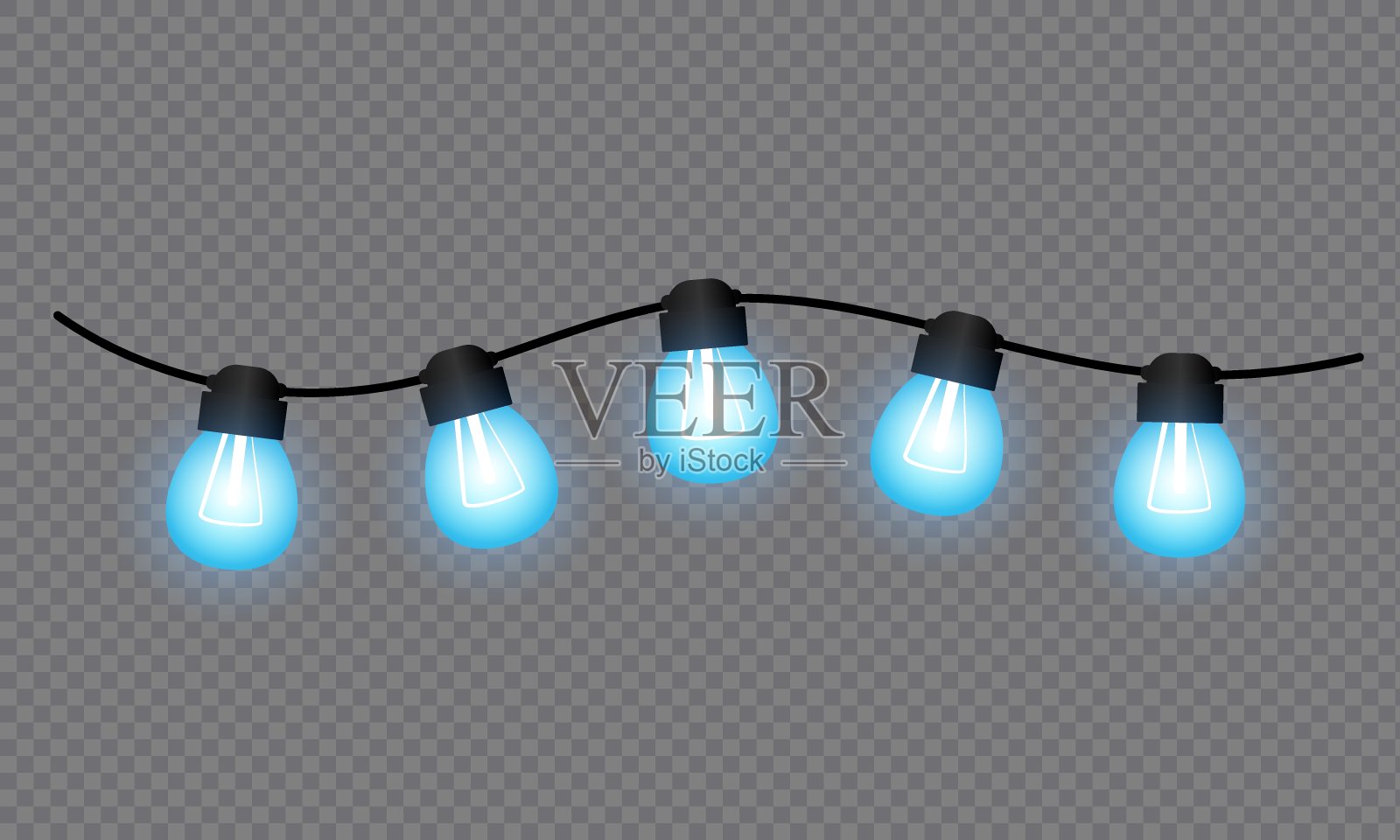 Led灯泡边框。LED圣诞串灯。花环矢量插图孤立在一个透明的背景。插画图片素材