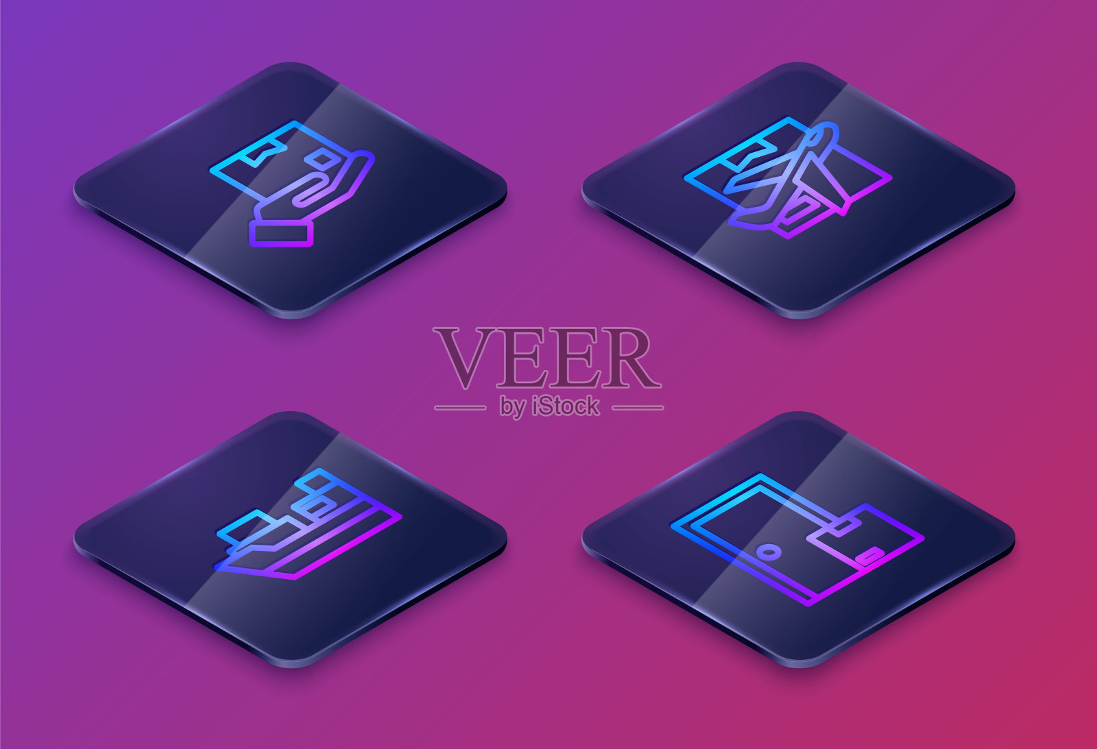 设置等距线送货手带箱,货船送货箱,飞机纸板和家庭服务。蓝色方块按钮。向量图标素材