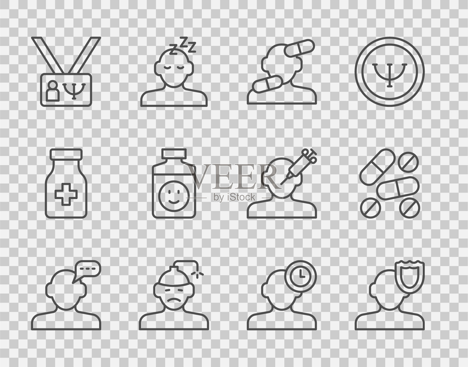 设置在线心理咨询,心理,镇静药,脑震荡,头痛,抗抑郁药,失眠和药物或药片图标。向量图标素材