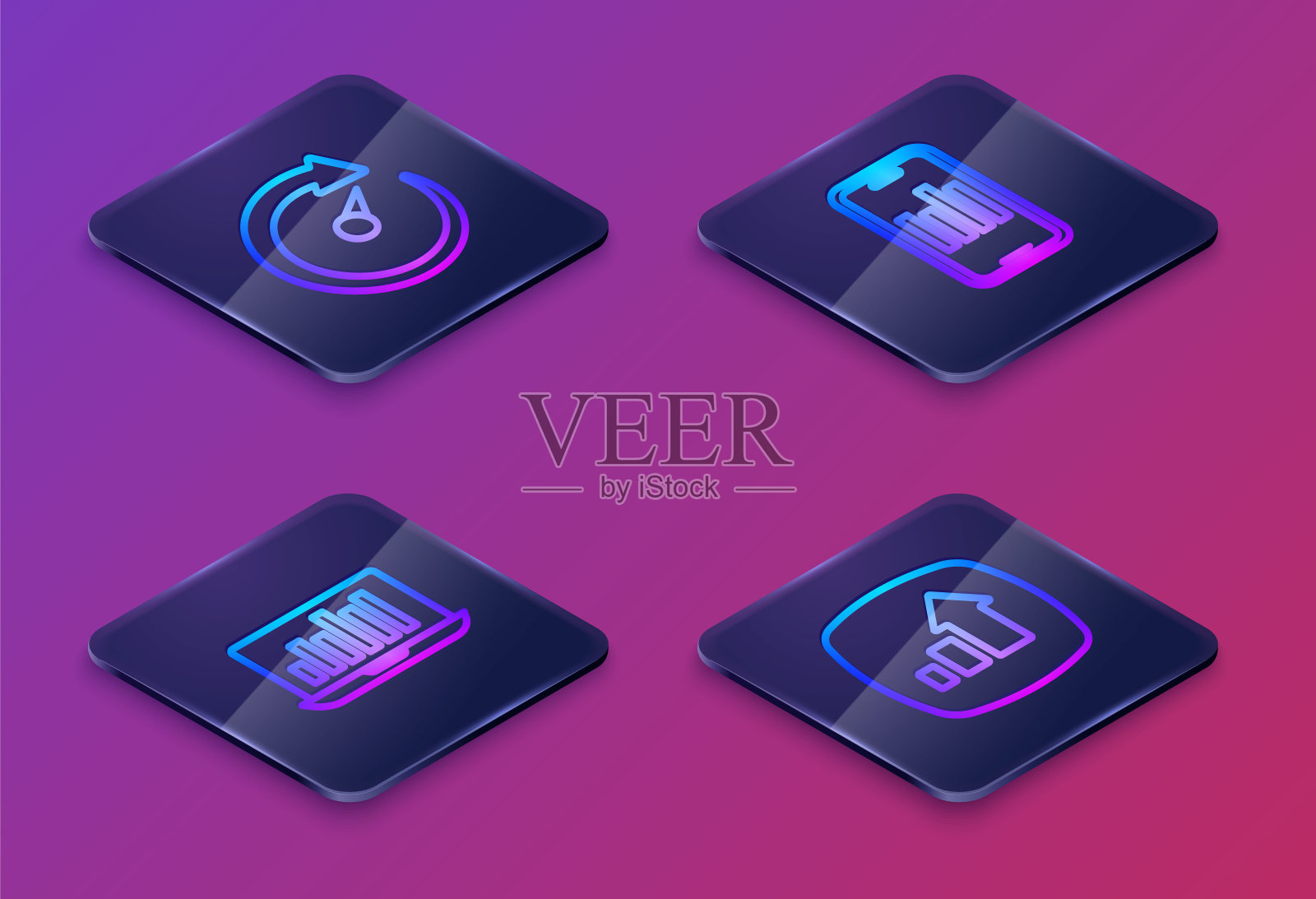 设置等距线数字测速表,笔记本电脑图形图表,移动和金融增长。蓝色方块按钮。向量图标素材