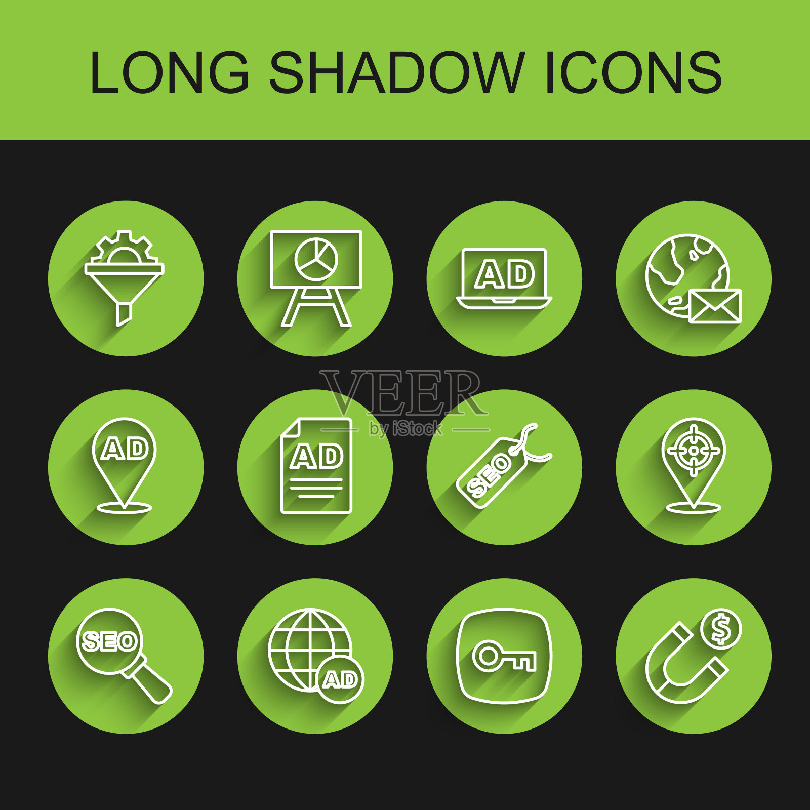 设置行SEO优化,广告,销售漏斗与齿轮,关键,磁铁钱,目标和图标。向量插画图片素材