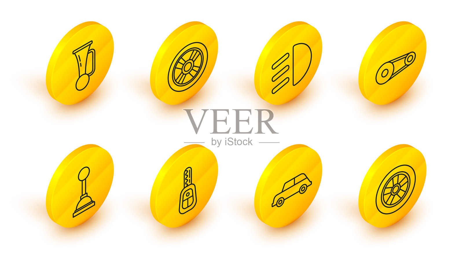 设置线汽车车轮,钥匙与遥控器,变速杆,正时皮带套件,高梁,和车辆图标上的信号喇叭。向量图标素材