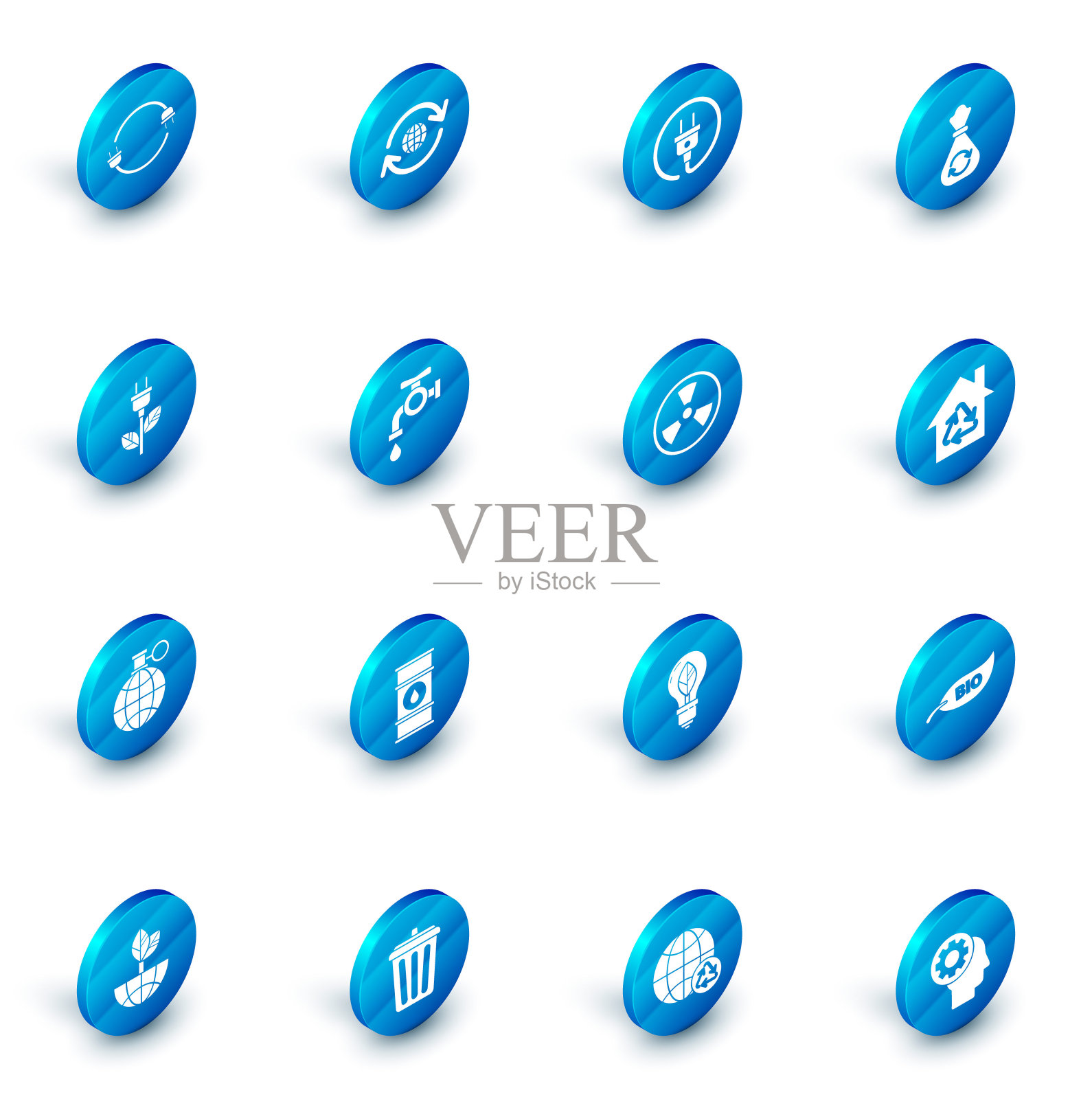 设置地球和一个可回收的,电插头,可回收的垃圾袋,节约的叶子,水龙头,生态屋的标志和放射性的图标。向量图标素材