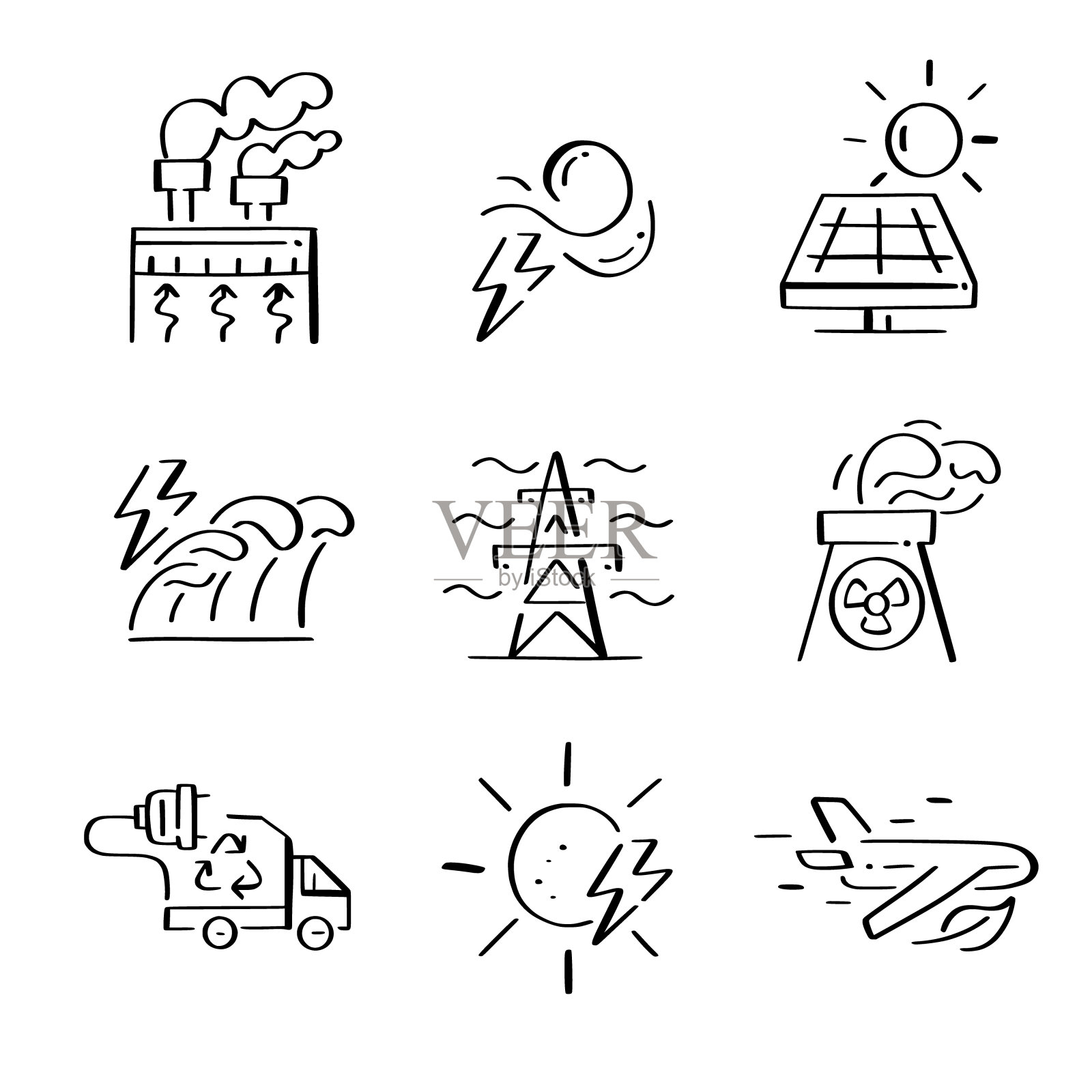 可持续能源的生产和使用。替代能源。核能、绿色燃料和生态航空。涂鸦的图标图标素材