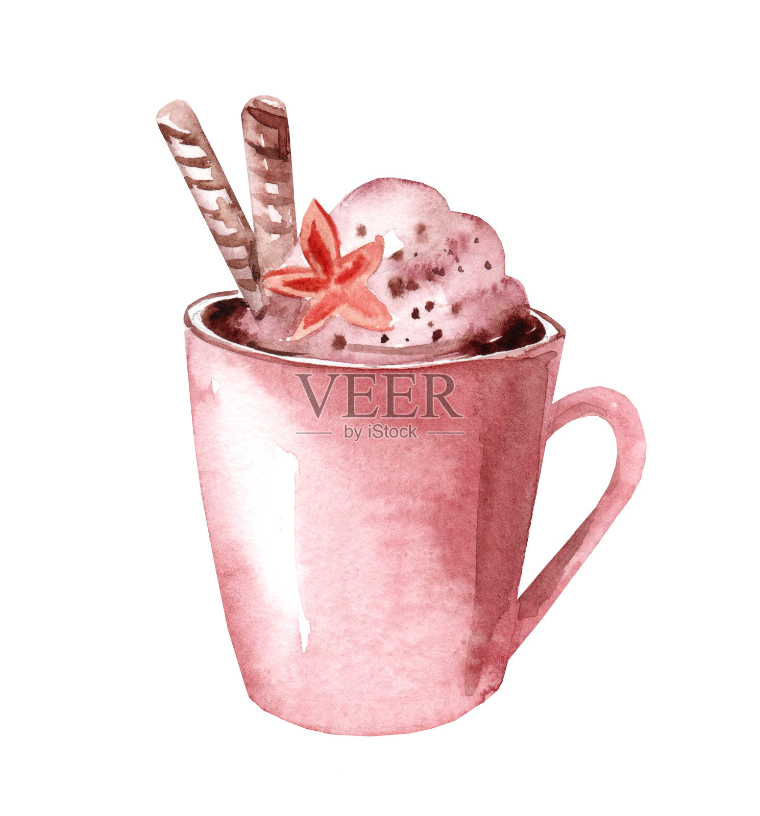 白色底色上有热咖啡的马克杯。水彩插图。浓缩咖啡插画图片素材