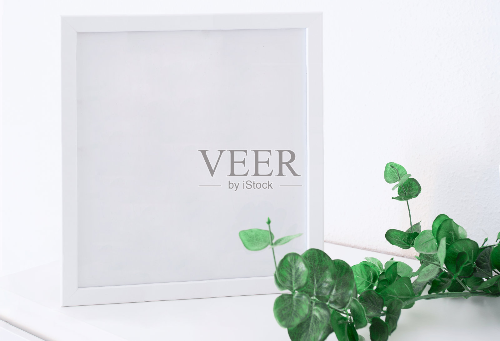 白色方形框架模型与桉树i在白色的桌子上。本空间照片摄影图片