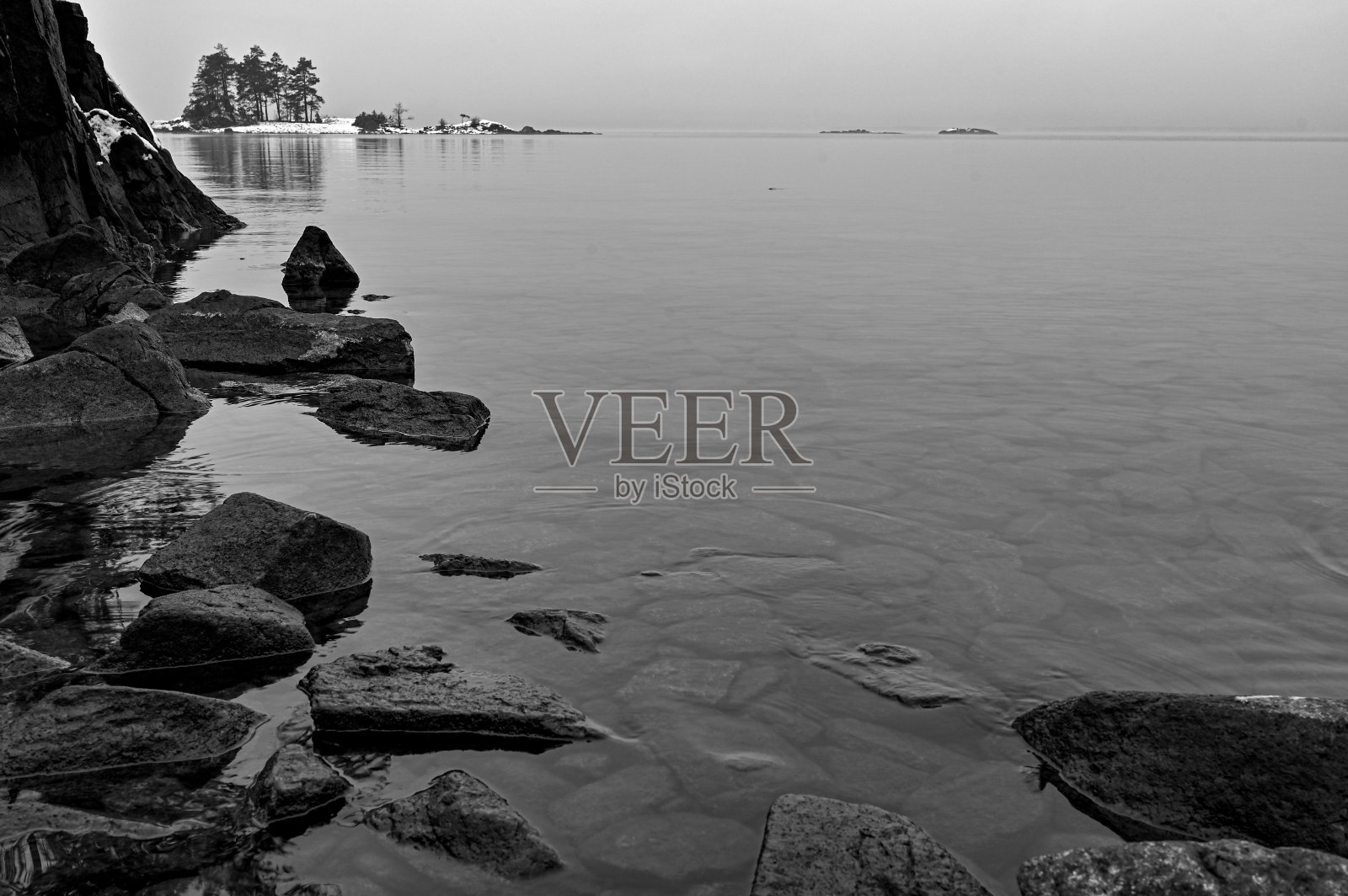 12月平静水面上的单色视图照片摄影图片