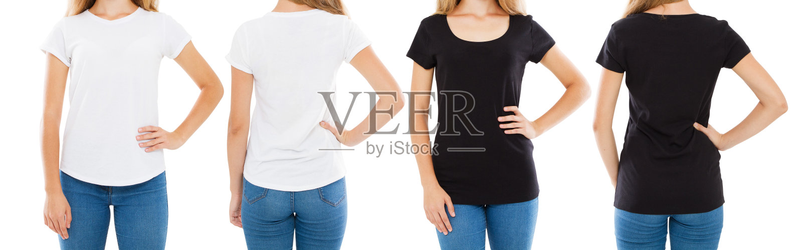 裁剪图像正面和背面的观点十几岁的女人在白色和黑色的t恤孤立,设置女孩在t恤,两个女人照片摄影图片