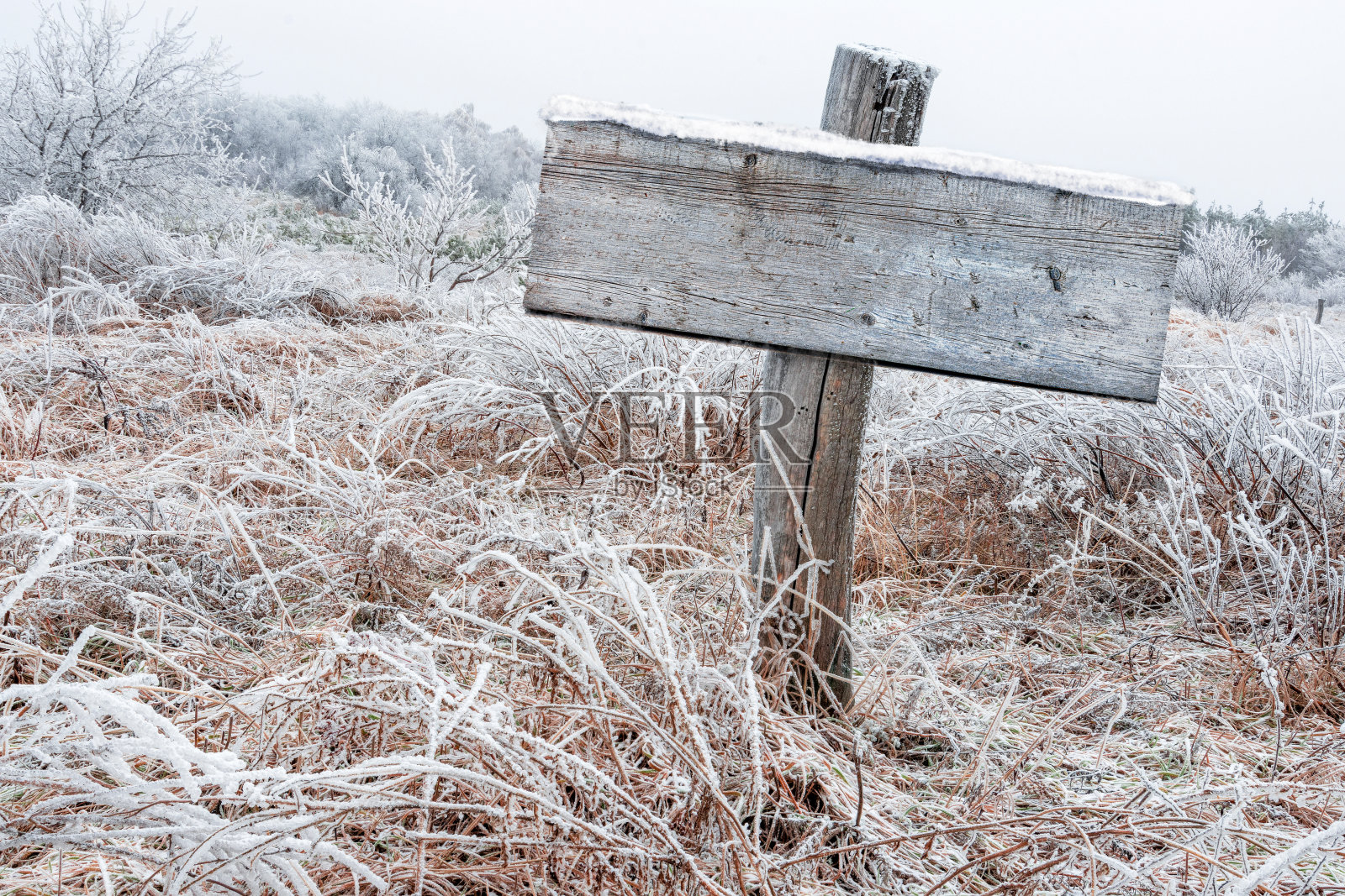 在柱子上的旧木板指针。冬季户外风景模板。空白的木制招牌照片摄影图片