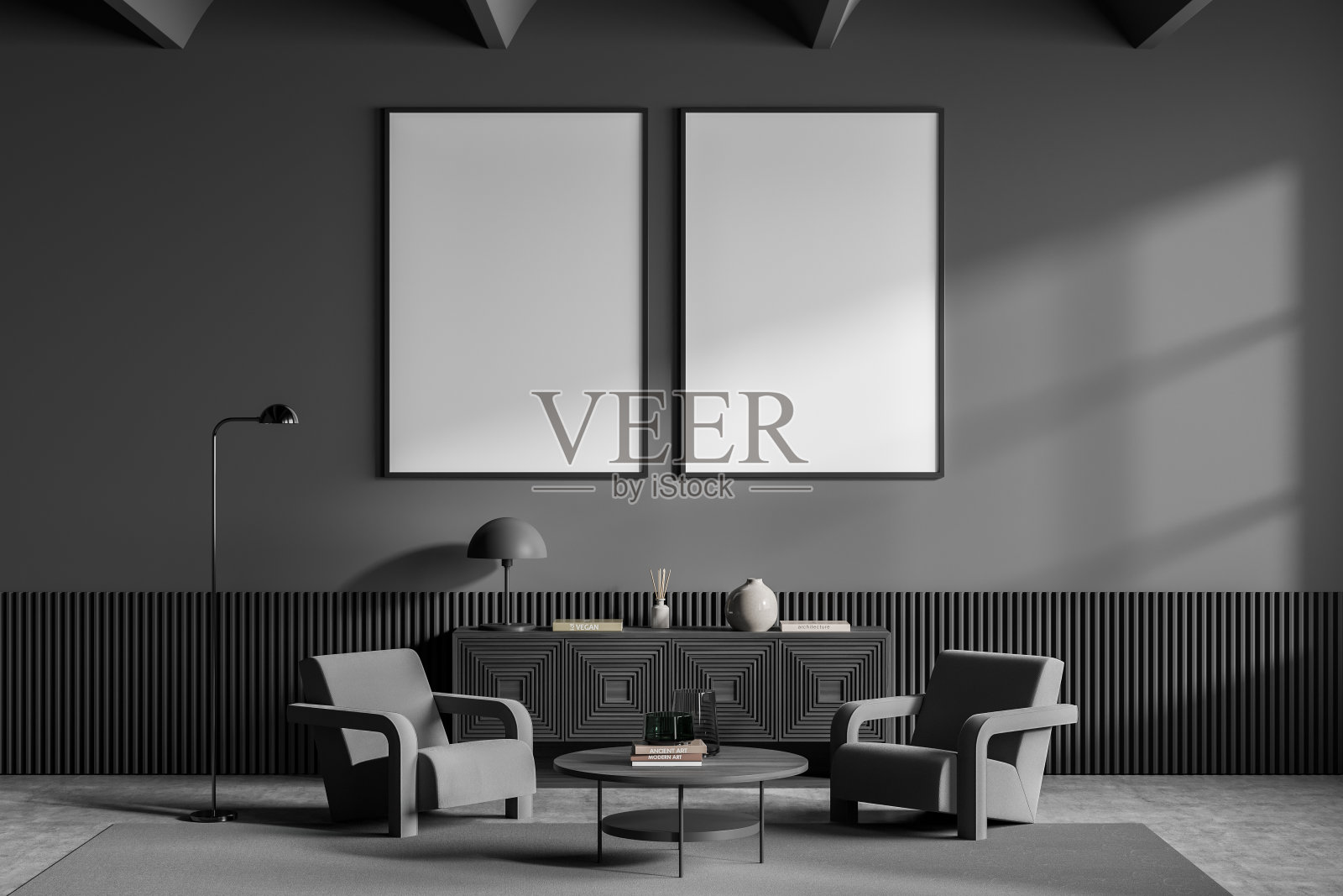 黑暗的客厅内部有两个白色的空海报照片摄影图片