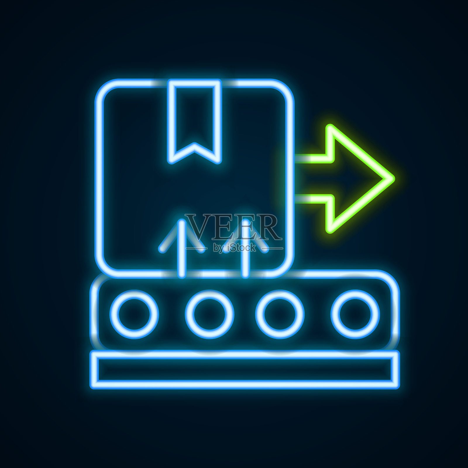 发光的霓虹灯线传送带与纸箱图标孤立的黑色背景。色彩斑斓的轮廓的概念。向量图标素材
