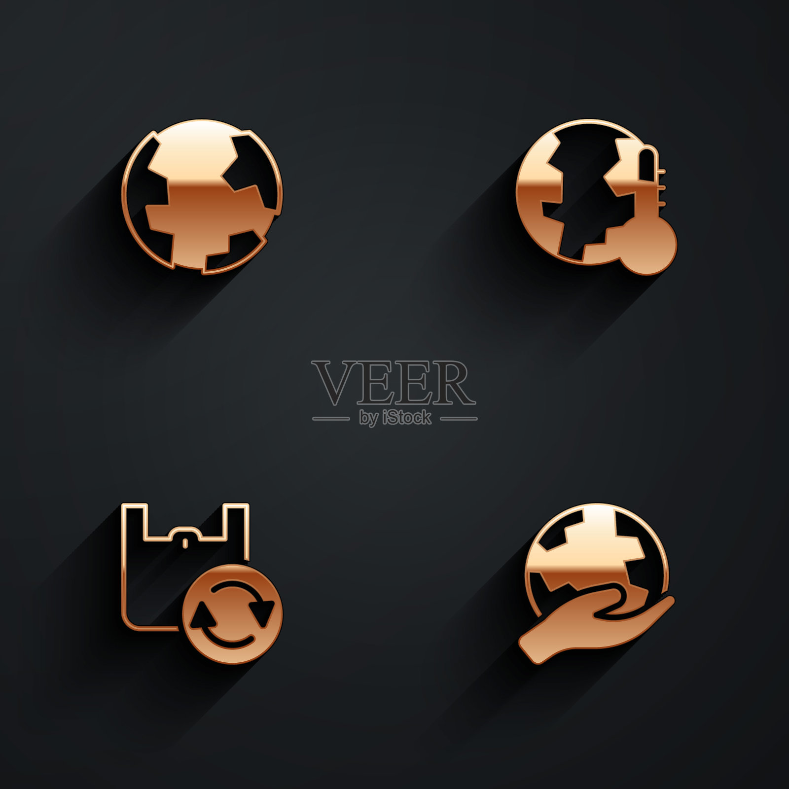 设置地球仪,融化全球变暖,回收购物袋,长影子手持图标。向量图标素材