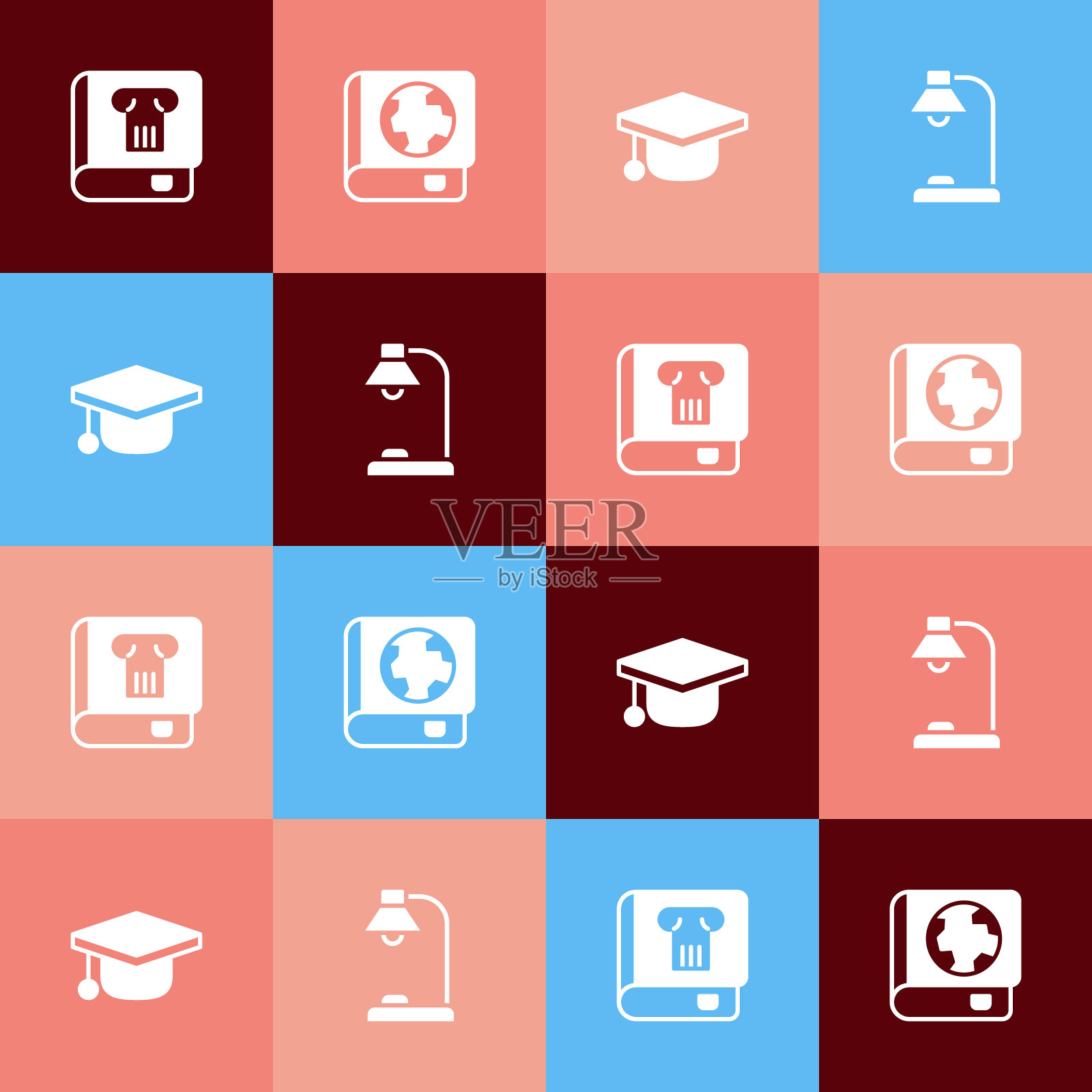 设置流行艺术历史书,地球仪和,毕业帽和台灯图标。向量图标素材