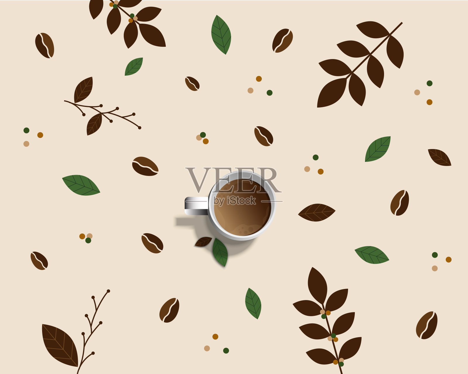 白杯新鲜的咖啡用蒸汽烟隔离在咖啡树上,以花、叶和豆为背景与复制空间。旗帜,海报广告,传单和卡片的装饰设计。插画图片素材