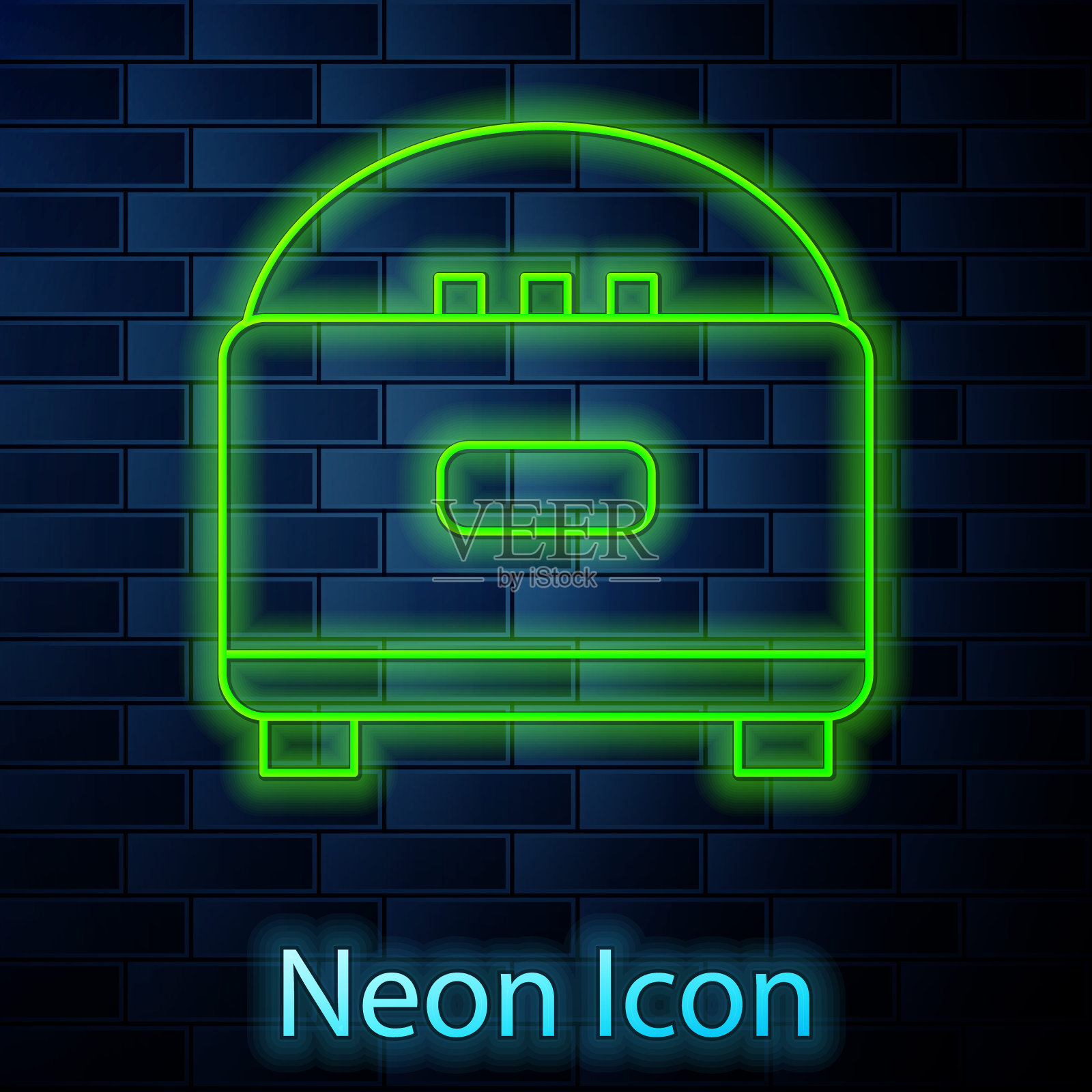 发光的霓虹灯线立体声扬声器图标孤立在砖墙背景。音响系统扬声器。音乐图标。音乐柱音箱低音设备。向量插画图片素材