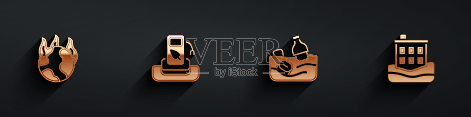 设置全球变暖火灾,汽油或加油站,海洋污染问题和房子洪水图标与长阴影。向量图标素材