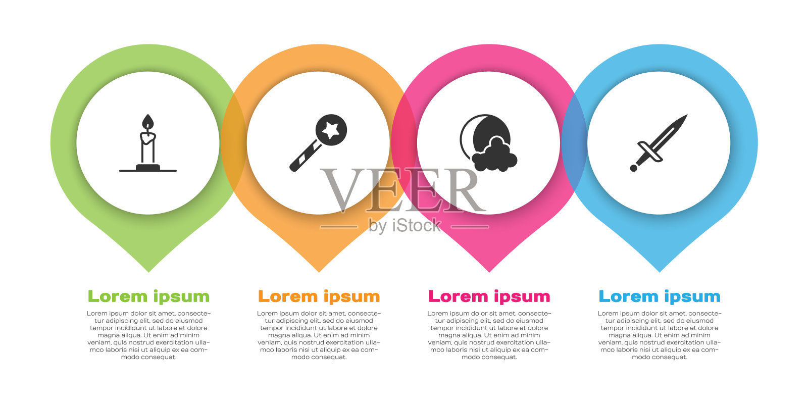 设置燃烧的蜡烛在烛台,魔术棒,月亮星和匕首。业务信息模板。向量设计模板素材