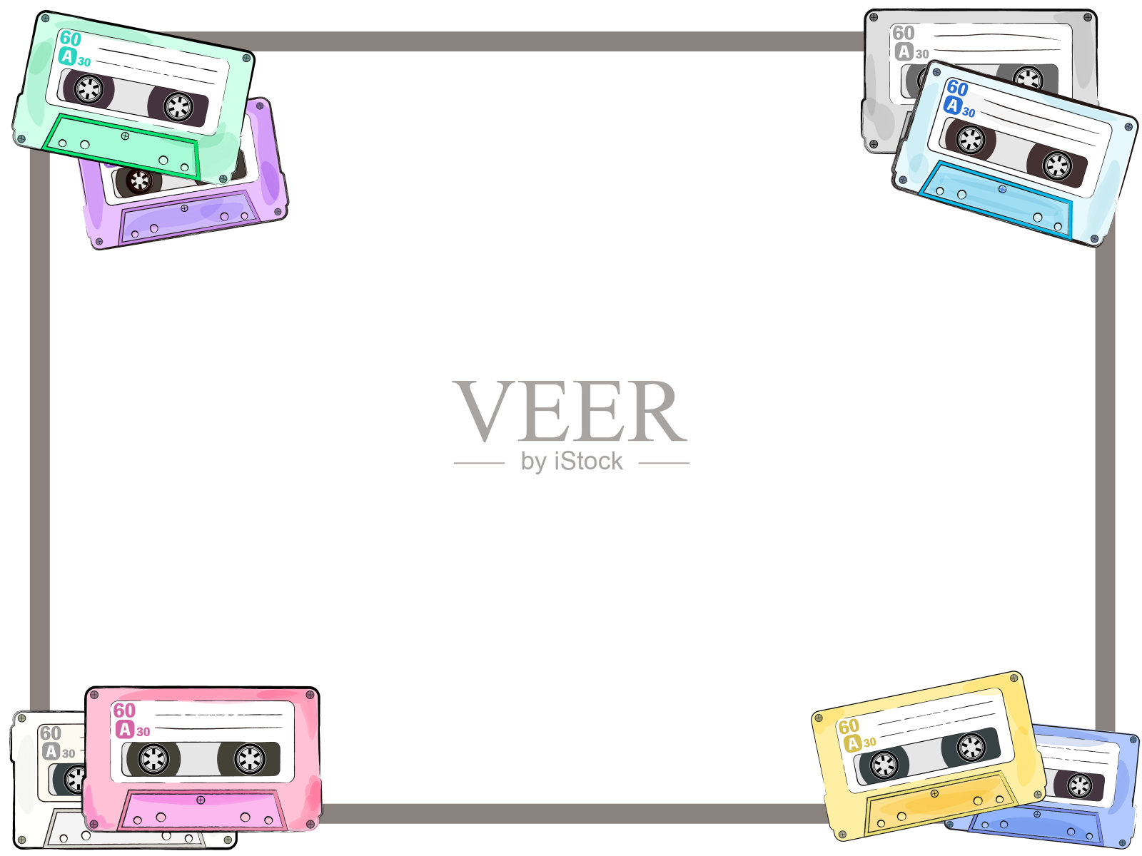 复古盒式磁带,手绘水彩风格柔和的彩色框架背景插画图片素材