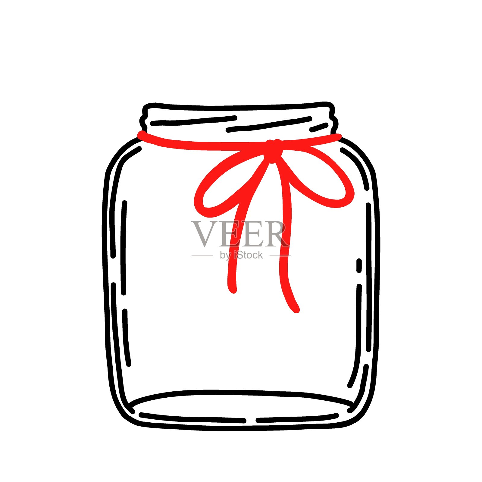 矢量空玻璃瓶与红色丝带蝴蝶结孤立在白色的背景。插画图片素材