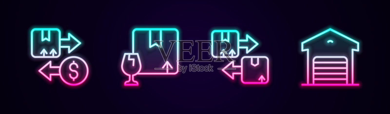 设置线税纸箱,易碎物品包装,纸板交通标志和仓库。发光的霓虹灯图标。向量图标素材