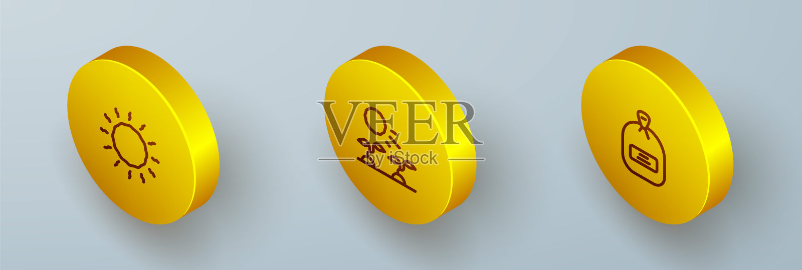 设置等距线太阳,植物芽生长在阳光和包充满种子的图标。向量图标素材