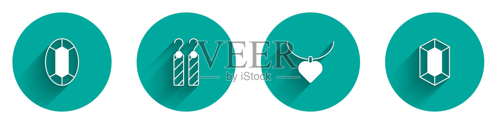 镶嵌宝石,耳环,项链与心形和图标与长阴影。向量图标素材