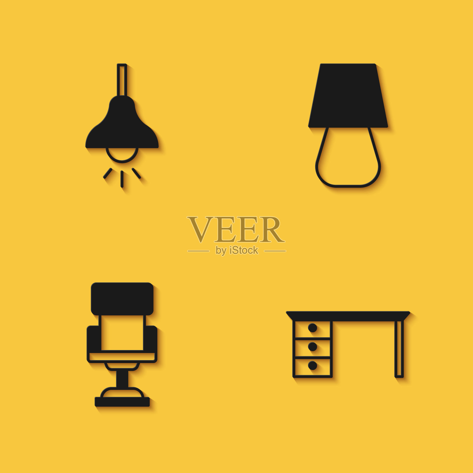 设置灯悬挂,办公桌,椅子和台灯图标与长影子。向量图标素材