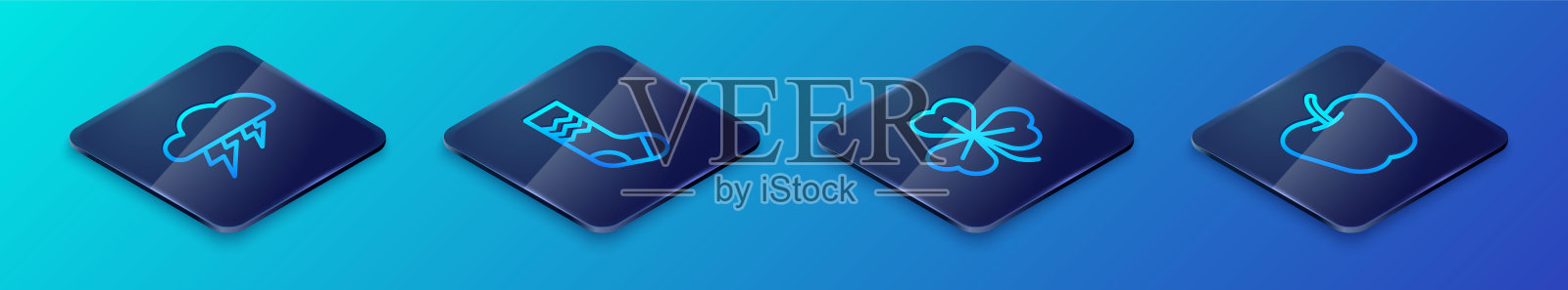 设置等距线三叶草,云和闪电,苹果和袜子图标。向量插画图片素材