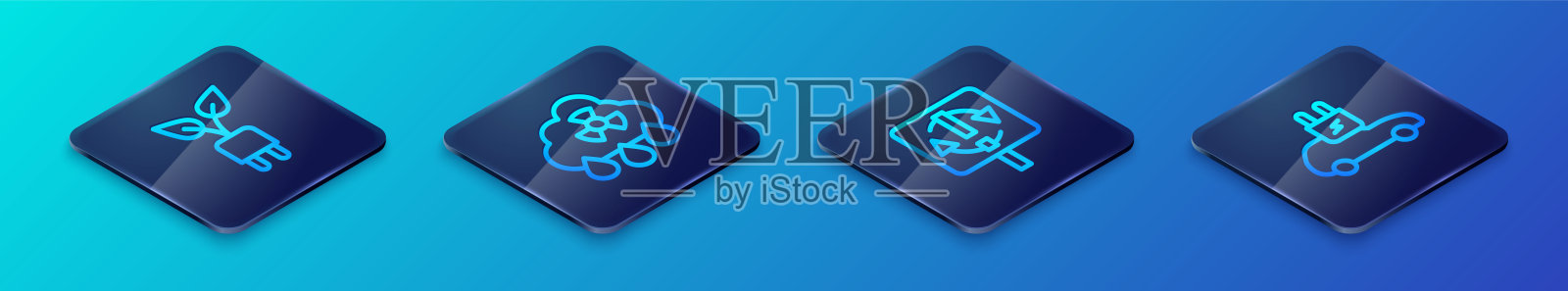 设置等距线回收标志、节能插叶、汽车和酸雨放射性云图标。向量图标素材