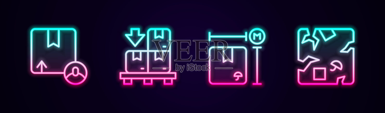 设定线纸箱纸箱,纸箱托盘,测量和破碎。发光的霓虹灯图标。向量图标素材