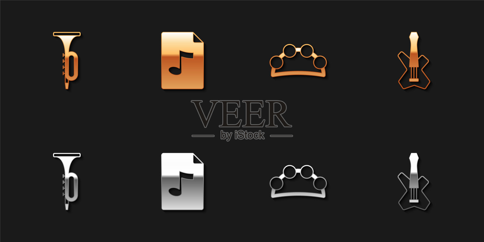 设置小号,MP3文件文件,手鼓和电低音吉他图标。向量图标素材