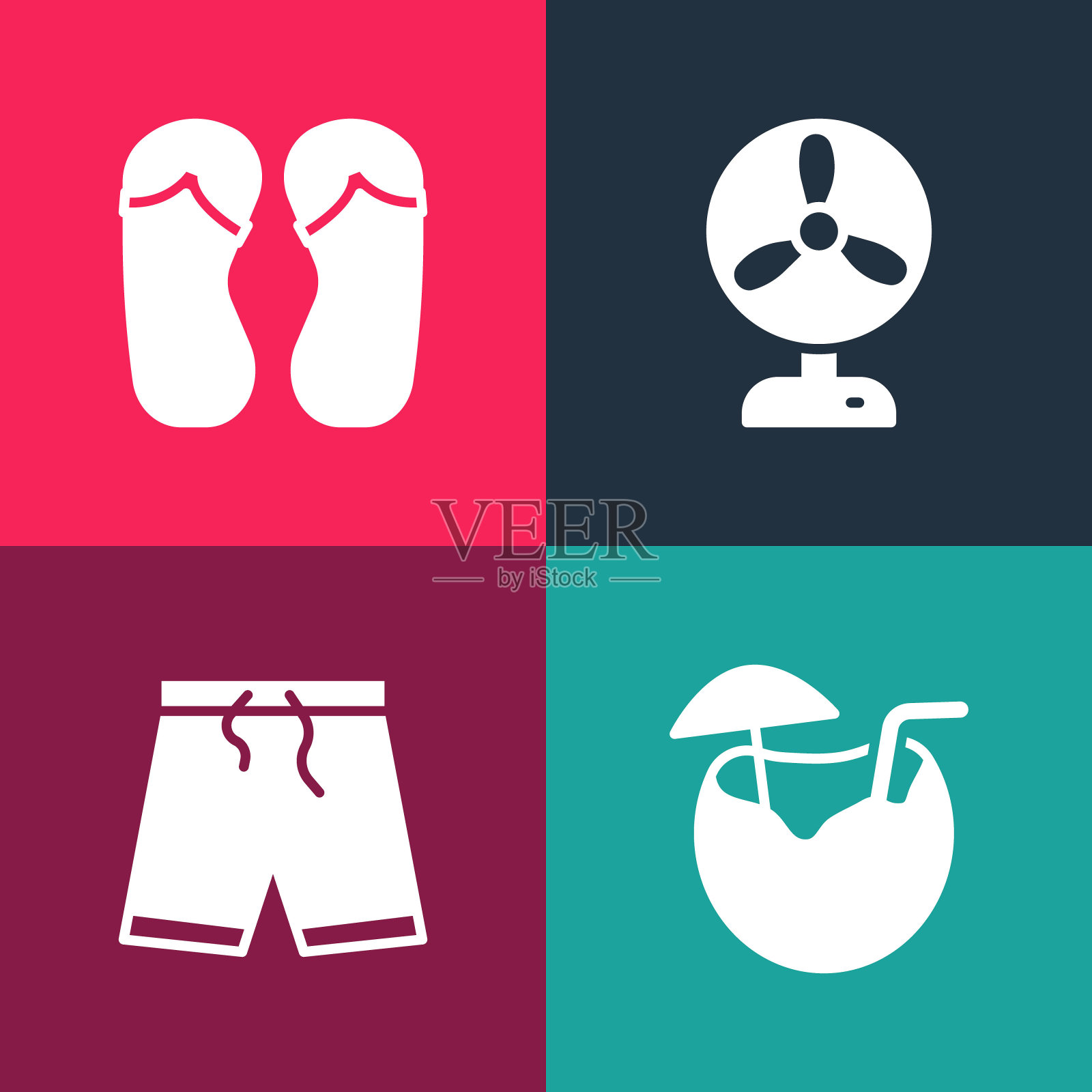 设置流行艺术椰子鸡尾酒,泳裤,电风扇和人字拖图标。向量图标素材