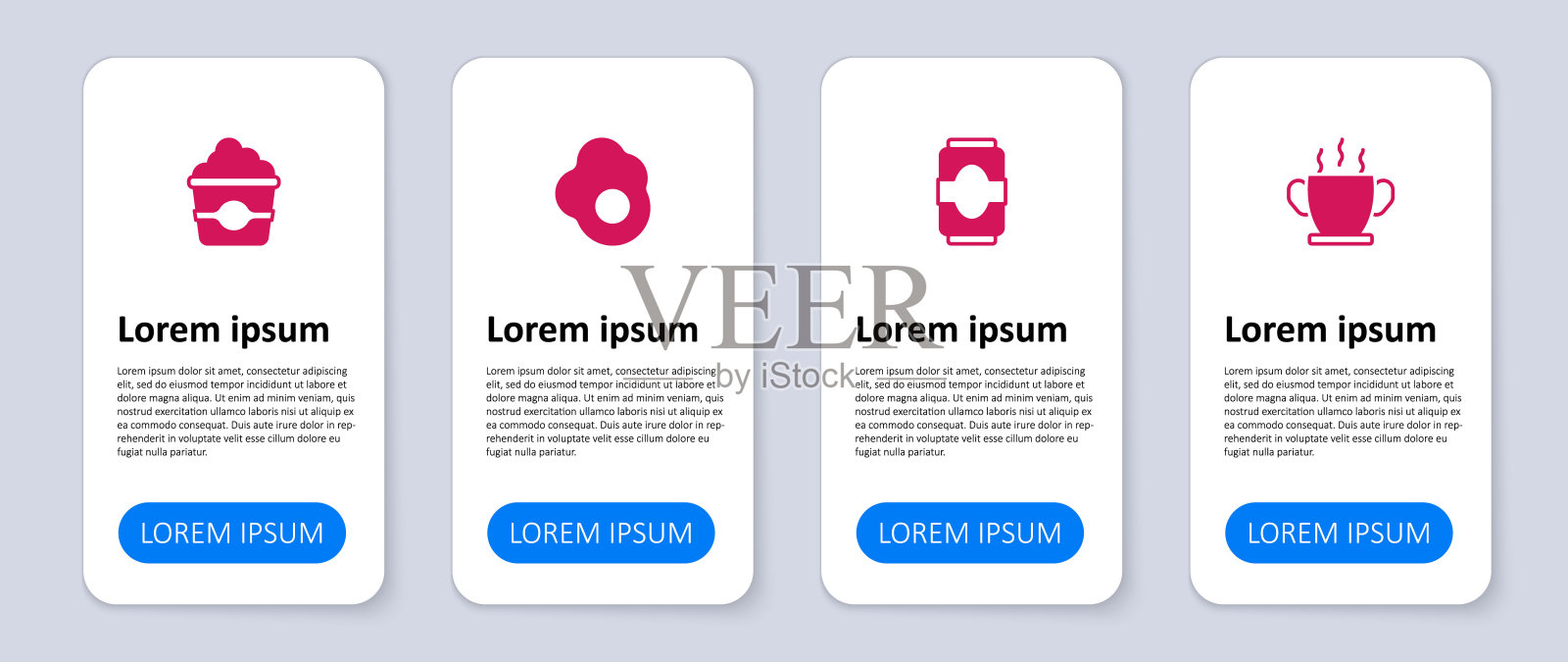 将一碗热汤,汽水罐,炒鸡蛋和爆米花装在纸箱里。业务信息模板。向量设计模板素材