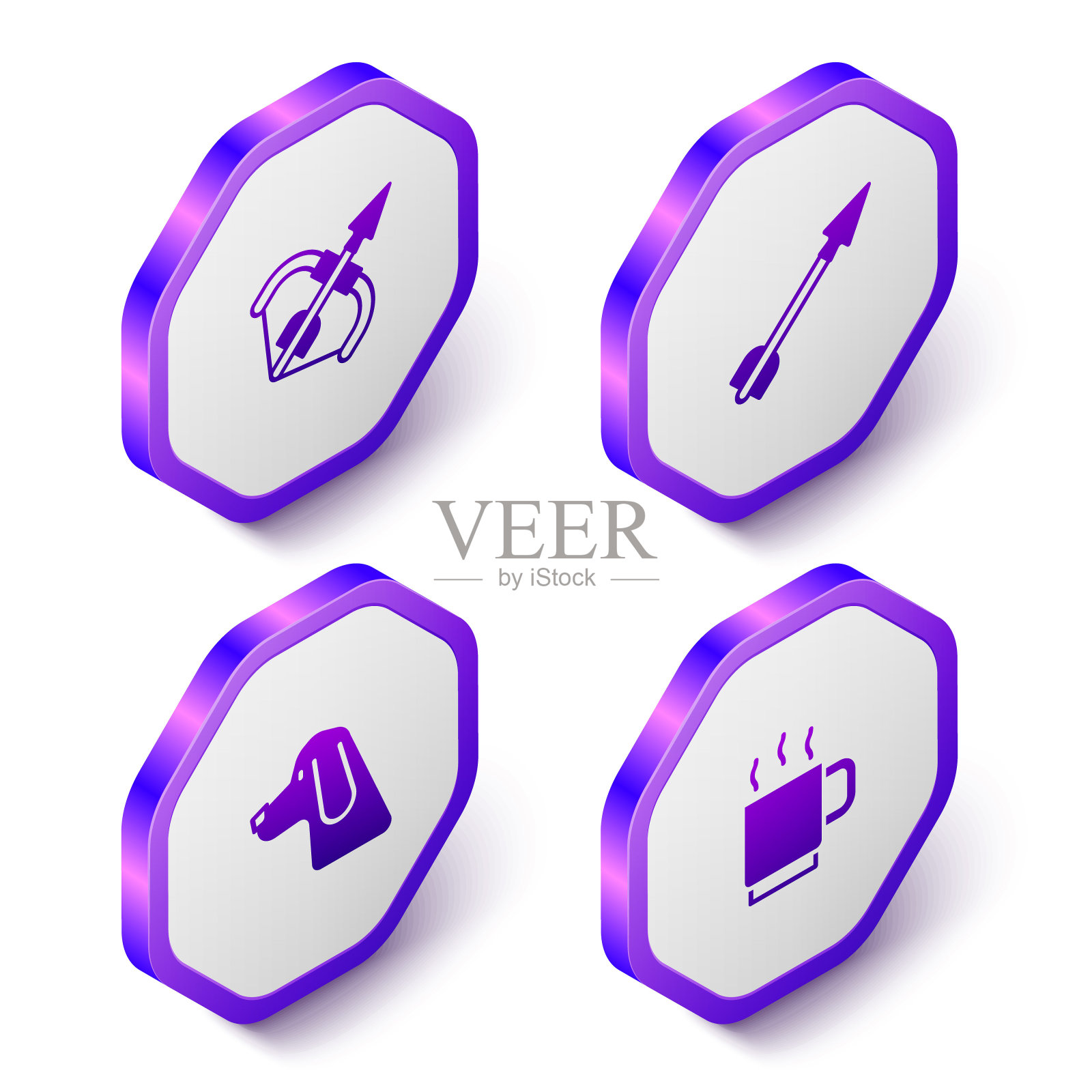 设置等距中世纪弓箭,猎狗和咖啡杯图标。紫色的六角按钮。向量图标素材