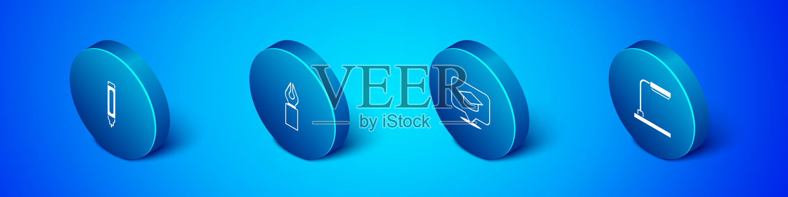 设置等距标记笔,语音气泡的毕业帽,台灯和喷泉笔尖图标。向量插画图片素材