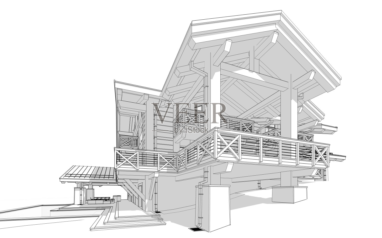 现代舒适的小屋的三维渲染黑色线条在白色的背景照片摄影图片