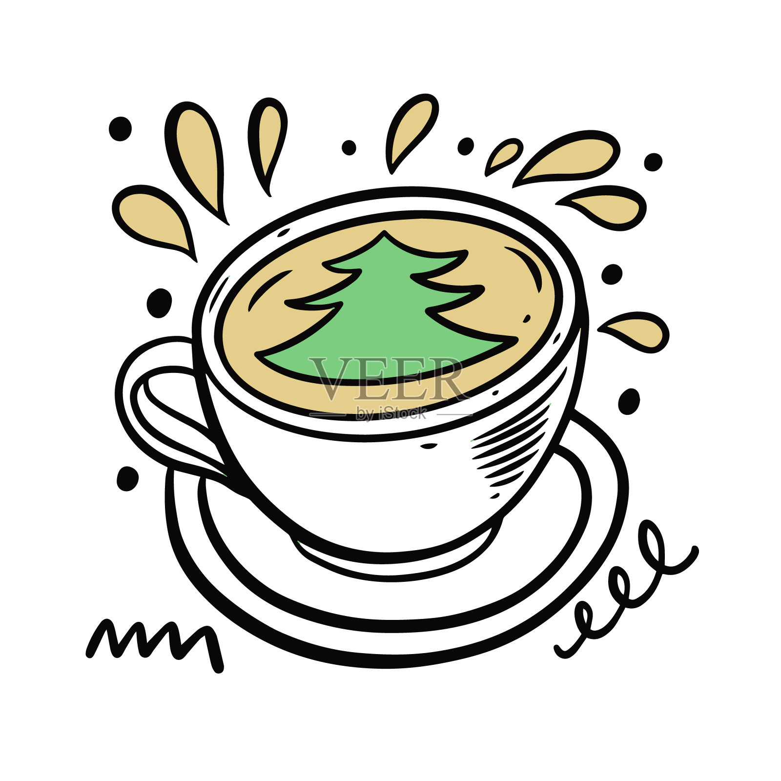 冬天热饮伴绿树。手绘彩色素描艺术和黑色轮廓风格。插画图片素材