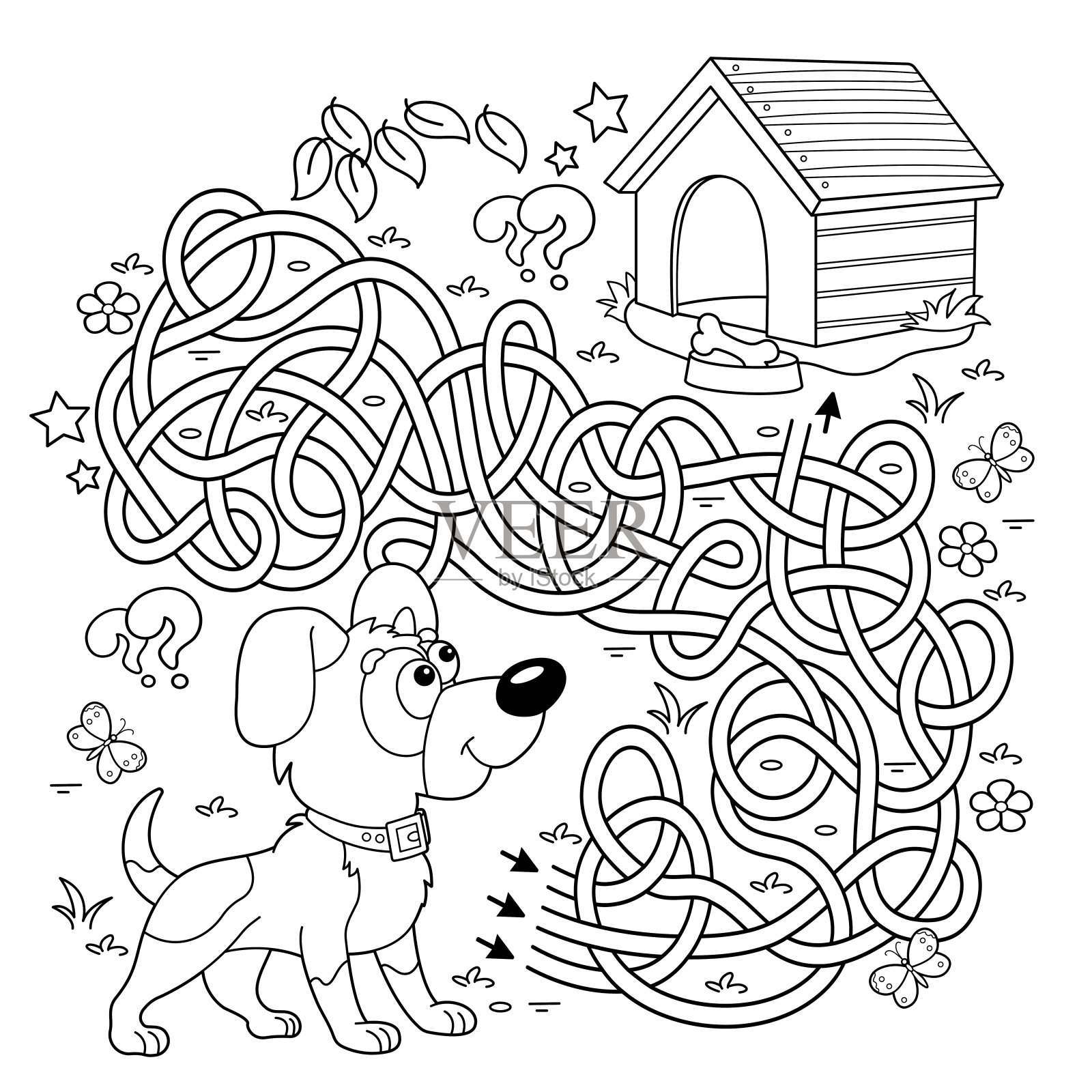 迷宫或迷宫游戏。谜题。错综复杂的道路。着色页大纲卡通小狗与狗屋或犬舍。儿童涂色书。插画图片素材