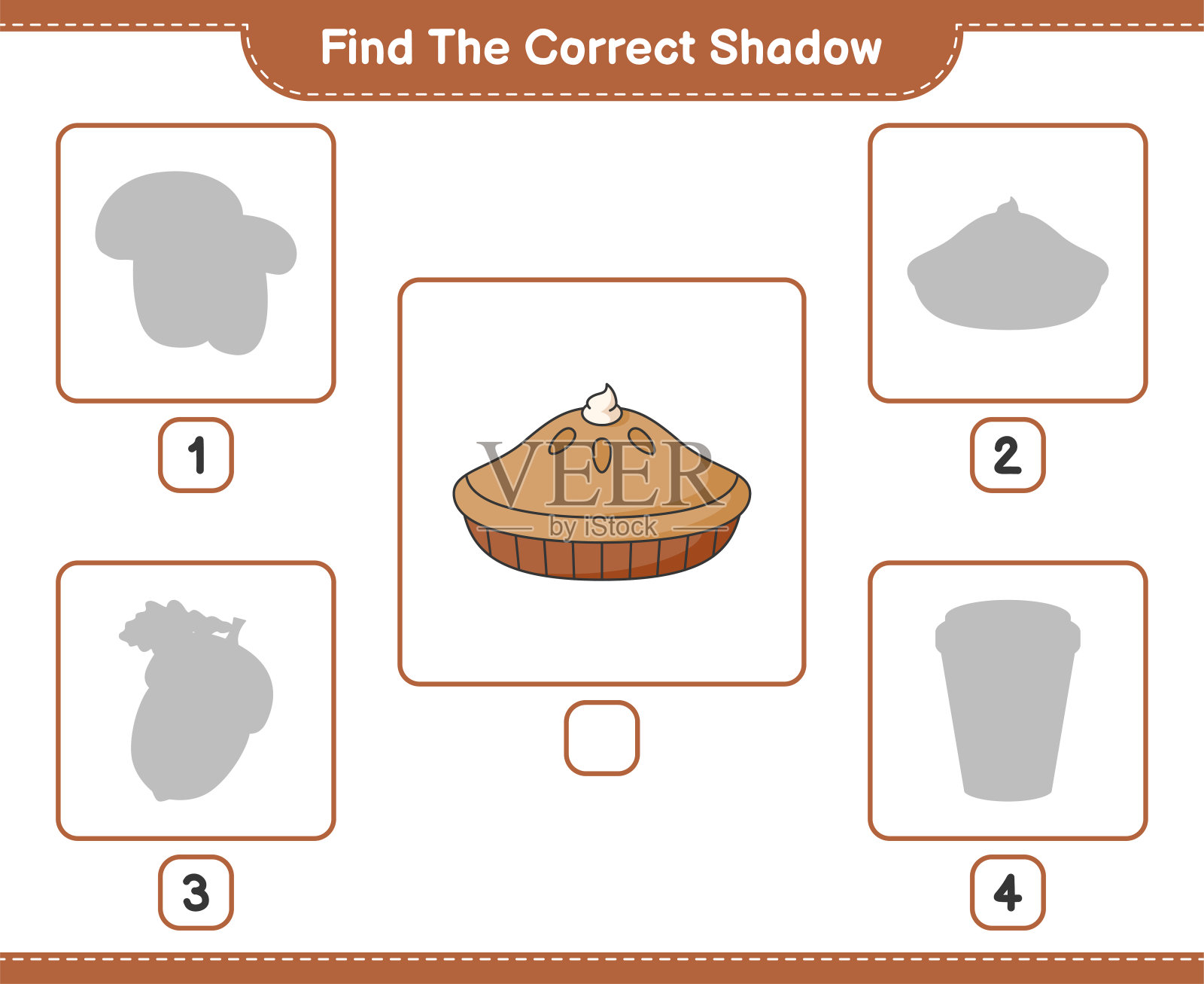 找到正确的影子。找到并匹配Pie的正确阴影。教育儿童游戏,可打印的工作表,矢量插图插画图片素材