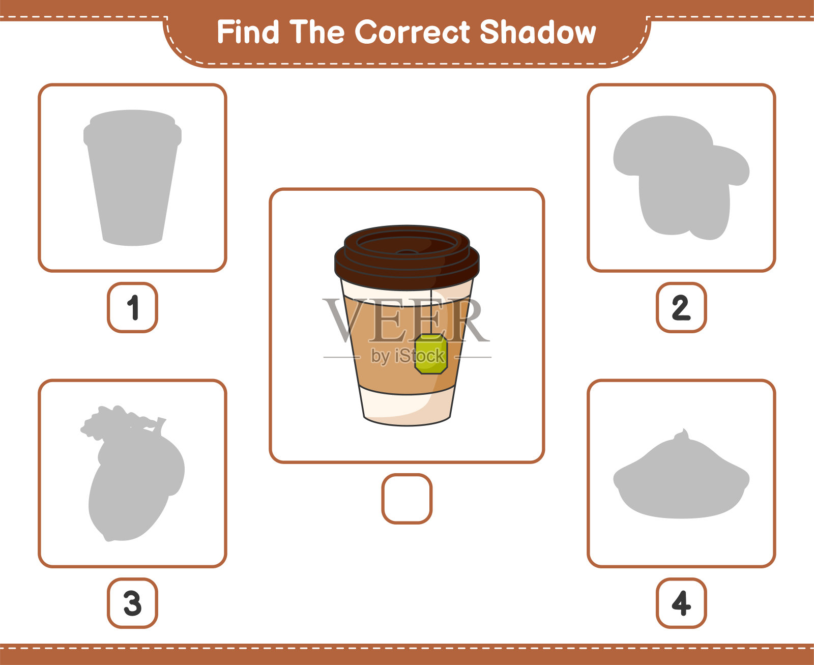 找到正确的影子。找到并匹配茶杯的正确影子。教育儿童游戏,可打印的工作表,矢量插图插画图片素材
