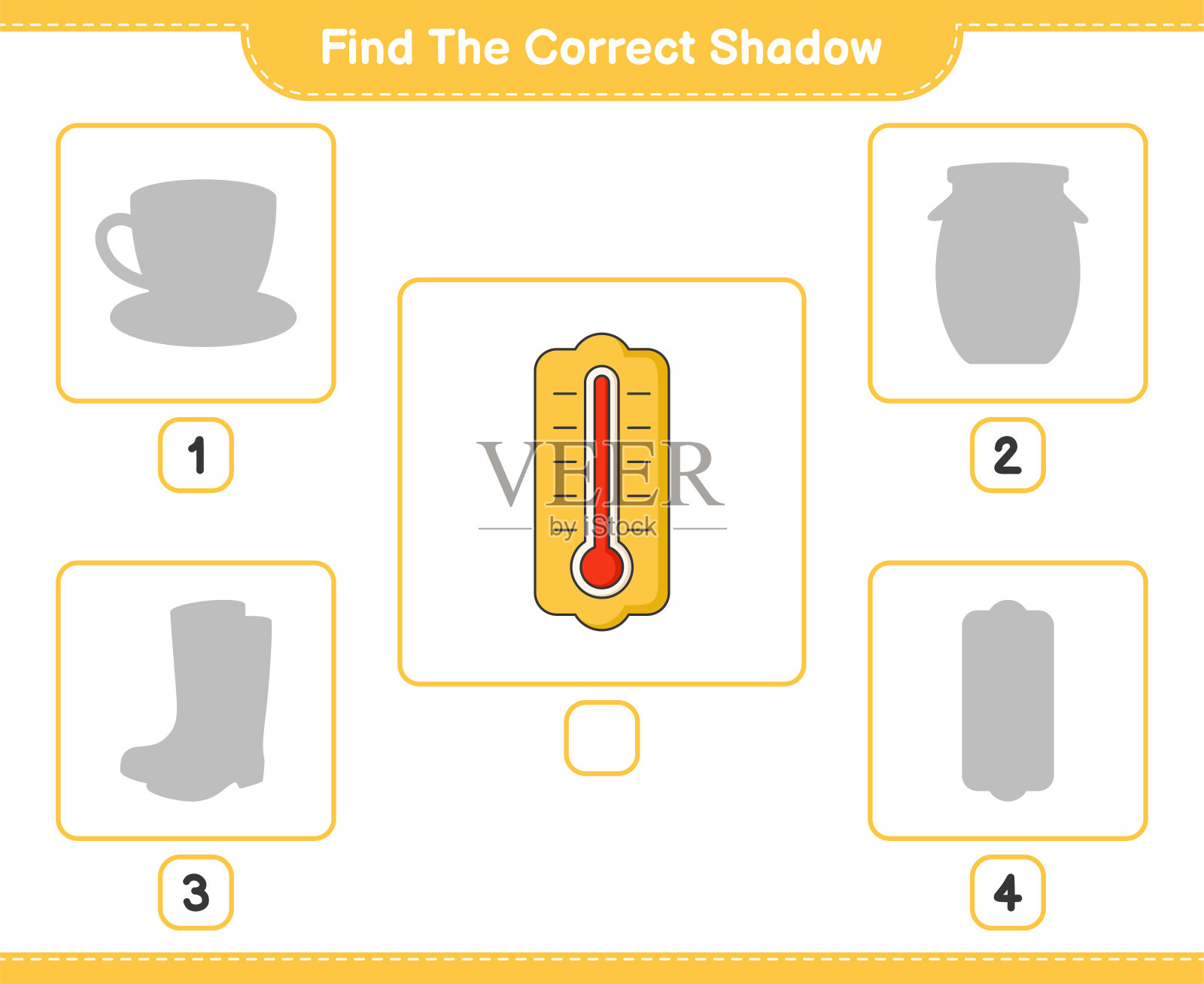 找到正确的影子。找到并匹配温度计的正确阴影。教育儿童游戏,可打印的工作表,矢量插图插画图片素材
