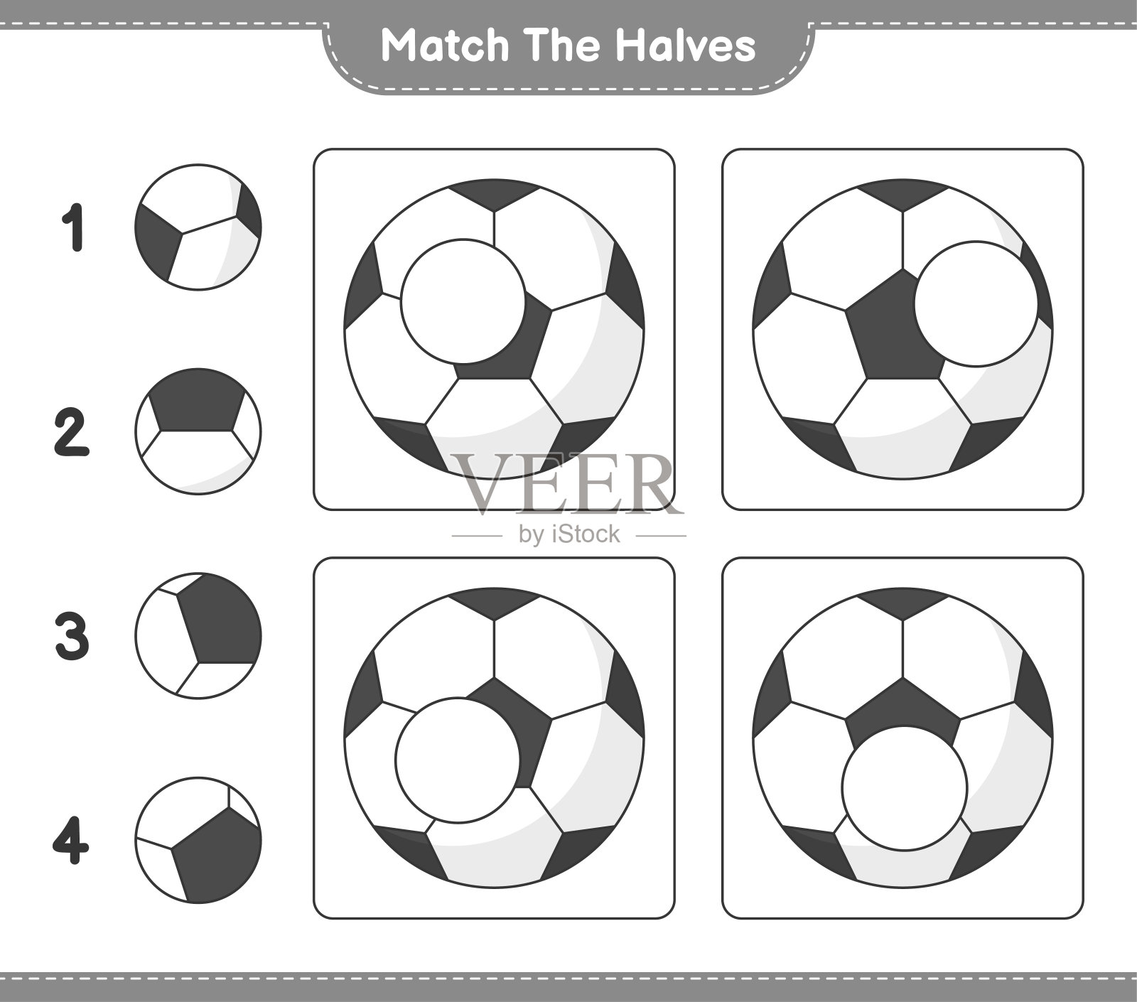 匹配的部分。比赛半场足球。教育儿童游戏,可打印的工作表,矢量插图插画图片素材