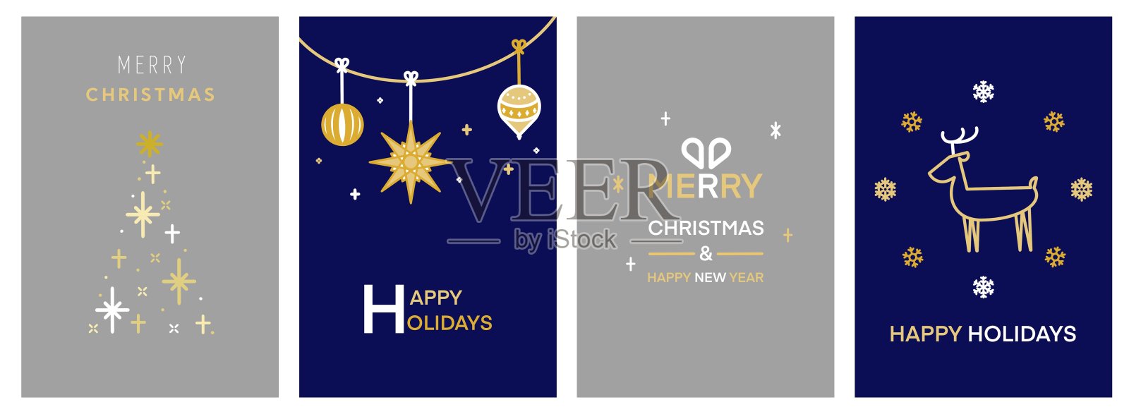 灰色和蓝色的圣诞卡片套装插画图片素材