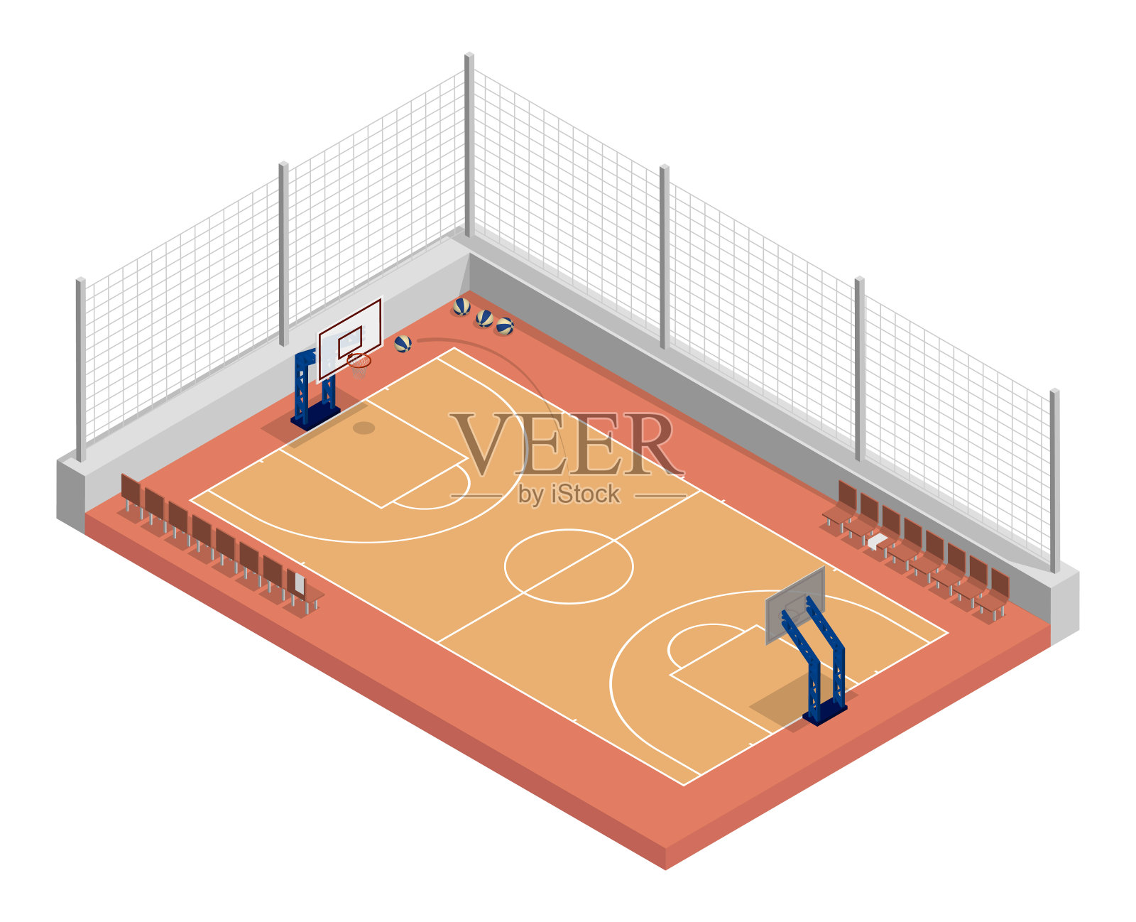 等距篮球场与网,拼花地板和标记线。篮球场顶视图。活跃的娱乐活动的运动场。真实的3d矢量孤立的白色背部插画图片素材