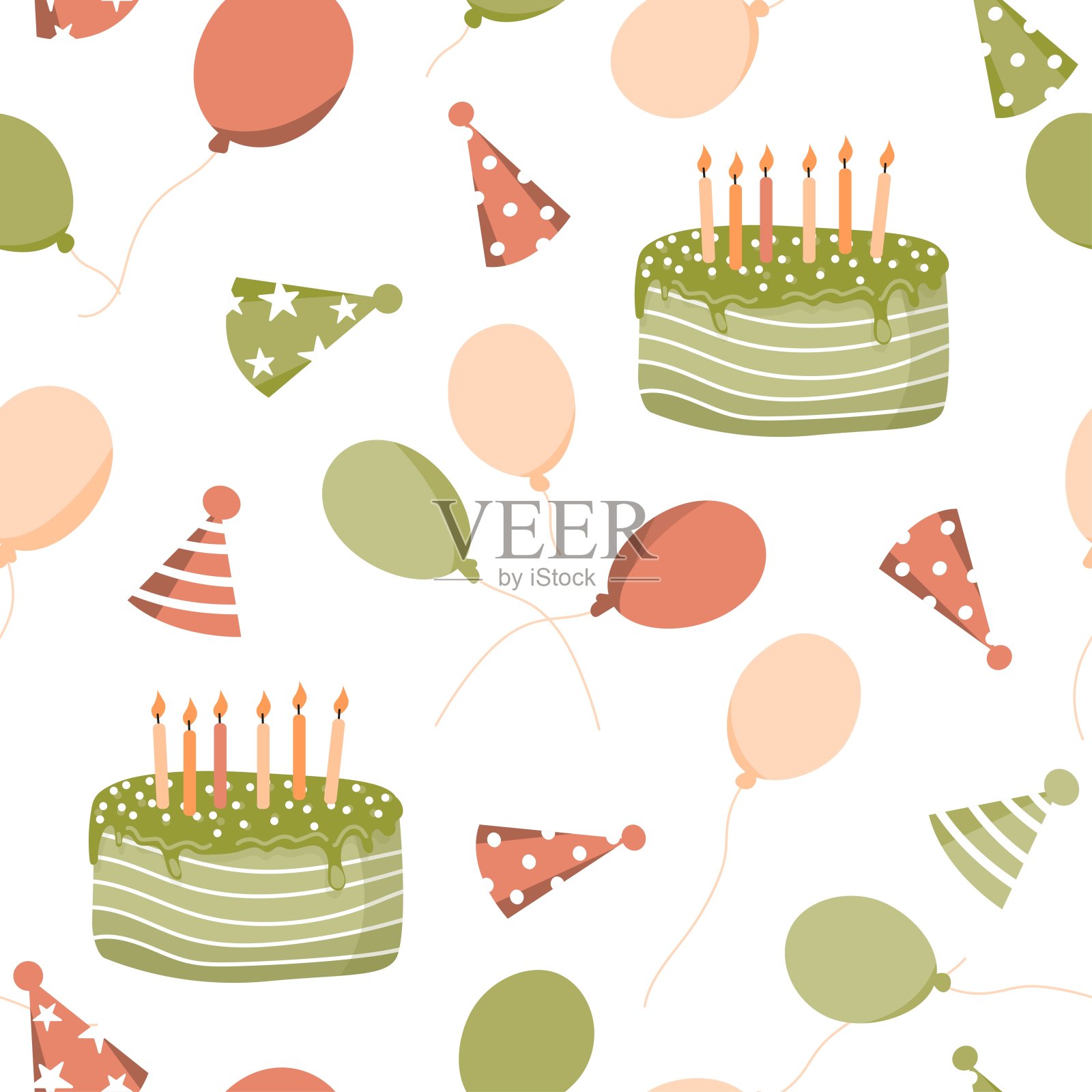 无缝矢量图案的庆祝帽子,蛋糕和气球在柔和的颜色。节日生日背景,壁纸和模板设计。设计模板素材